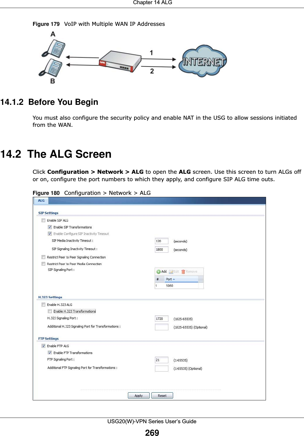  Chapter 14 ALGUSG20(W)-VPN Series User’s Guide269Figure 179   VoIP with Multiple WAN IP Addresses14.1.2  Before You BeginYou must also configure the security policy and enable NAT in the USG to allow sessions initiated from the WAN.14.2  The ALG Screen Click Configuration &gt; Network &gt; ALG to open the ALG screen. Use this screen to turn ALGs off or on, configure the port numbers to which they apply, and configure SIP ALG time outs. Figure 180   Configuration &gt; Network &gt; ALG  