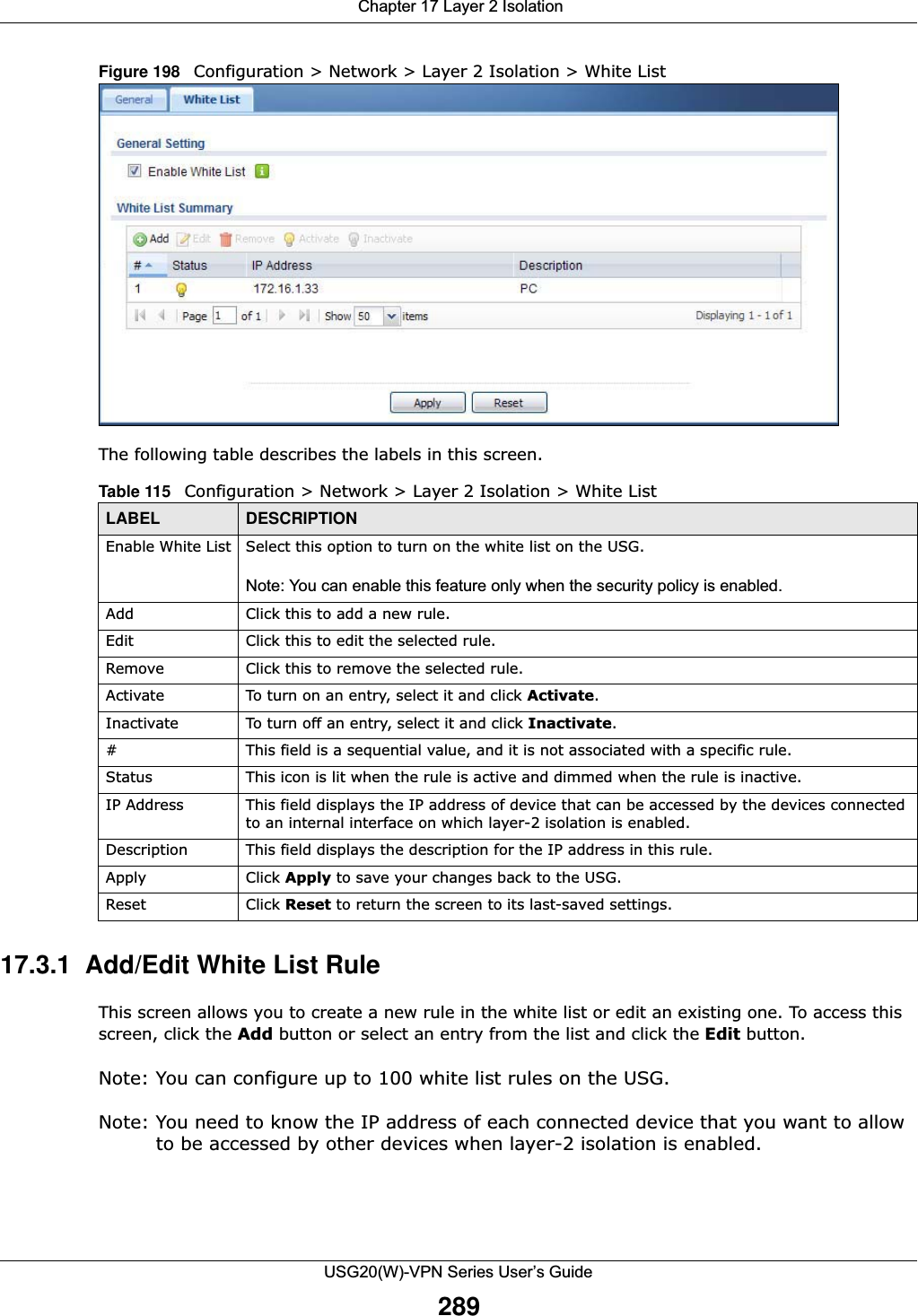  Chapter 17 Layer 2 IsolationUSG20(W)-VPN Series User’s Guide289Figure 198   Configuration &gt; Network &gt; Layer 2 Isolation &gt; White List The following table describes the labels in this screen.  17.3.1  Add/Edit White List Rule This screen allows you to create a new rule in the white list or edit an existing one. To access this screen, click the Add button or select an entry from the list and click the Edit button.Note: You can configure up to 100 white list rules on the USG.Note: You need to know the IP address of each connected device that you want to allow to be accessed by other devices when layer-2 isolation is enabled.Table 115   Configuration &gt; Network &gt; Layer 2 Isolation &gt; White ListLABEL DESCRIPTIONEnable White List Select this option to turn on the white list on the USG. Note: You can enable this feature only when the security policy is enabled.Add Click this to add a new rule.Edit Click this to edit the selected rule.Remove Click this to remove the selected rule.Activate To turn on an entry, select it and click Activate.Inactivate To turn off an entry, select it and click Inactivate.# This field is a sequential value, and it is not associated with a specific rule.Status This icon is lit when the rule is active and dimmed when the rule is inactive.IP Address This field displays the IP address of device that can be accessed by the devices connected to an internal interface on which layer-2 isolation is enabled.Description This field displays the description for the IP address in this rule.Apply Click Apply to save your changes back to the USG.Reset Click Reset to return the screen to its last-saved settings. 