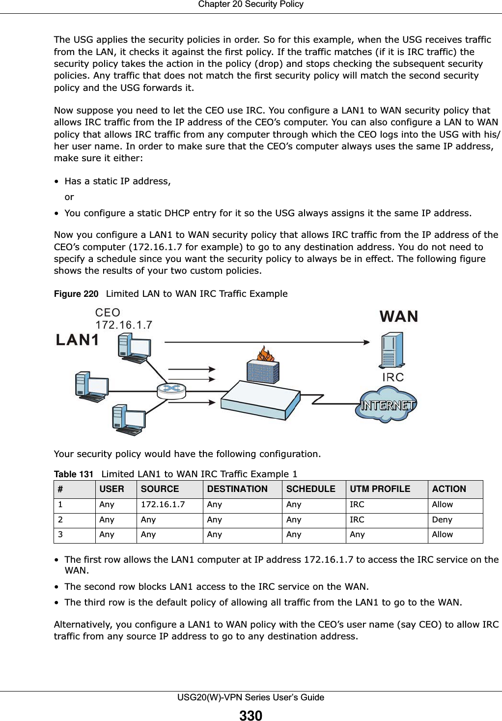 Chapter 20 Security PolicyUSG20(W)-VPN Series User’s Guide330The USG applies the security policies in order. So for this example, when the USG receives traffic from the LAN, it checks it against the first policy. If the traffic matches (if it is IRC traffic) the security policy takes the action in the policy (drop) and stops checking the subsequent security policies. Any traffic that does not match the first security policy will match the second security policy and the USG forwards it. Now suppose you need to let the CEO use IRC. You configure a LAN1 to WAN security policy that allows IRC traffic from the IP address of the CEO’s computer. You can also configure a LAN to WAN policy that allows IRC traffic from any computer through which the CEO logs into the USG with his/her user name. In order to make sure that the CEO’s computer always uses the same IP address, make sure it either:• Has a static IP address, or • You configure a static DHCP entry for it so the USG always assigns it the same IP address.Now you configure a LAN1 to WAN security policy that allows IRC traffic from the IP address of the CEO’s computer (172.16.1.7 for example) to go to any destination address. You do not need to specify a schedule since you want the security policy to always be in effect. The following figure shows the results of your two custom policies.Figure 220   Limited LAN to WAN IRC Traffic Example   Your security policy would have the following configuration. • The first row allows the LAN1 computer at IP address 172.16.1.7 to access the IRC service on the WAN. • The second row blocks LAN1 access to the IRC service on the WAN. • The third row is the default policy of allowing all traffic from the LAN1 to go to the WAN.Alternatively, you configure a LAN1 to WAN policy with the CEO’s user name (say CEO) to allow IRC traffic from any source IP address to go to any destination address.Table 131   Limited LAN1 to WAN IRC Traffic Example 1#USER SOURCE DESTINATION SCHEDULE UTM PROFILE ACTION1 Any 172.16.1.7 Any Any IRC Allow2 Any Any Any Any IRC Deny3 Any Any Any Any Any Allow