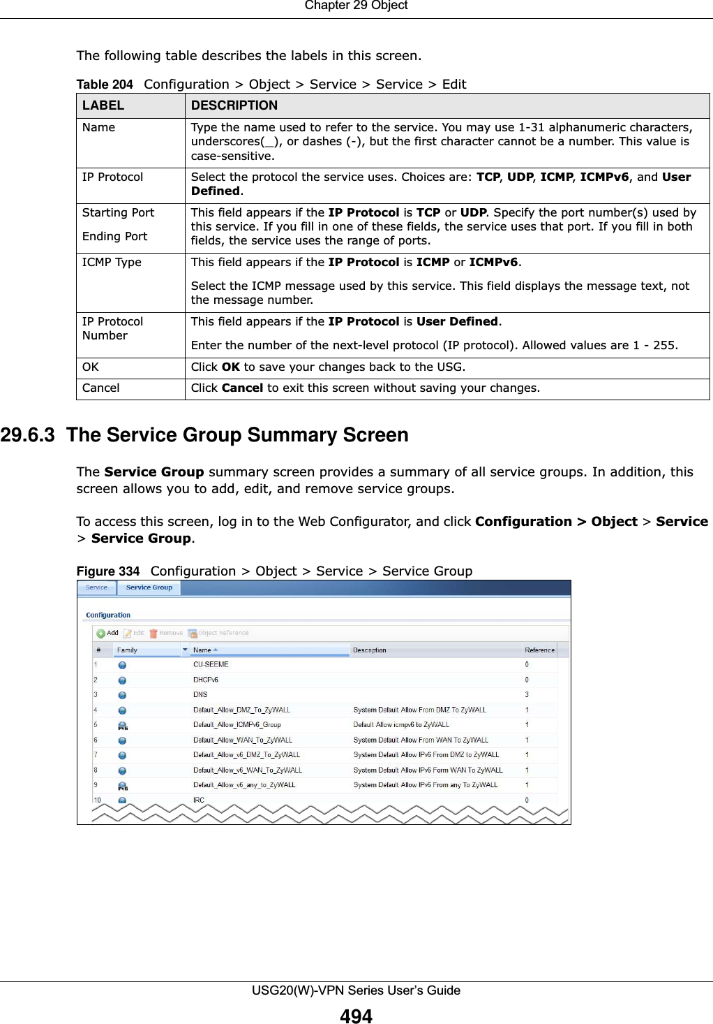 Chapter 29 ObjectUSG20(W)-VPN Series User’s Guide494The following table describes the labels in this screen.  29.6.3  The Service Group Summary Screen The Service Group summary screen provides a summary of all service groups. In addition, this screen allows you to add, edit, and remove service groups.To access this screen, log in to the Web Configurator, and click Configuration &gt; Object &gt; Service &gt; Service Group.Figure 334   Configuration &gt; Object &gt; Service &gt; Service Group   Table 204   Configuration &gt; Object &gt; Service &gt; Service &gt; EditLABEL DESCRIPTIONName Type the name used to refer to the service. You may use 1-31 alphanumeric characters, underscores(_), or dashes (-), but the first character cannot be a number. This value is case-sensitive.IP Protocol Select the protocol the service uses. Choices are: TCP, UDP, ICMP, ICMPv6, and User Defined.Starting PortEnding PortThis field appears if the IP Protocol is TCP or UDP. Specify the port number(s) used by this service. If you fill in one of these fields, the service uses that port. If you fill in both fields, the service uses the range of ports.ICMP Type This field appears if the IP Protocol is ICMP or ICMPv6.Select the ICMP message used by this service. This field displays the message text, not the message number.IP Protocol NumberThis field appears if the IP Protocol is User Defined.Enter the number of the next-level protocol (IP protocol). Allowed values are 1 - 255.OK Click OK to save your changes back to the USG.Cancel Click Cancel to exit this screen without saving your changes.
