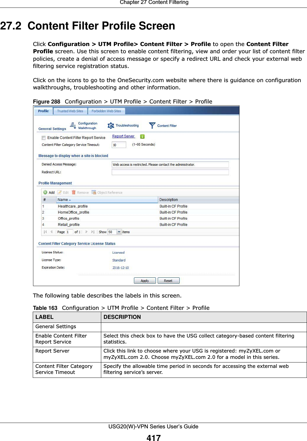  Chapter 27 Content FilteringUSG20(W)-VPN Series User’s Guide41727.2  Content Filter Profile ScreenClick Configuration &gt; UTM Profile&gt; Content Filter &gt; Profile to open the Content Filter Profile screen. Use this screen to enable content filtering, view and order your list of content filter policies, create a denial of access message or specify a redirect URL and check your external web filtering service registration status. Click on the icons to go to the OneSecurity.com website where there is guidance on configuration walkthroughs, troubleshooting and other information.Figure 288   Configuration &gt; UTM Profile &gt; Content Filter &gt; ProfileThe following table describes the labels in this screen.  Table 163   Configuration &gt; UTM Profile &gt; Content Filter &gt; ProfileLABEL DESCRIPTIONGeneral SettingsEnable Content Filter Report ServiceSelect this check box to have the USG collect category-based content filtering statistics. Report Server Click this link to choose where your USG is registered: myZyXEL.com or myZyXEL.com 2.0. Choose myZyXEL.com 2.0 for a model in this series.Content Filter Category Service Timeout Specify the allowable time period in seconds for accessing the external web filtering service’s server.