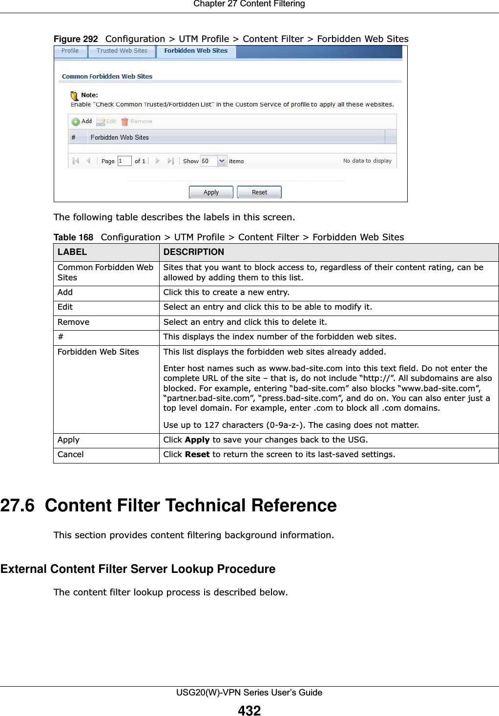 Chapter 27 Content FilteringUSG20(W)-VPN Series User’s Guide432Figure 292   Configuration &gt; UTM Profile &gt; Content Filter &gt; Forbidden Web Sites The following table describes the labels in this screen.  27.6  Content Filter Technical ReferenceThis section provides content filtering background information.External Content Filter Server Lookup ProcedureThe content filter lookup process is described below. Table 168   Configuration &gt; UTM Profile &gt; Content Filter &gt; Forbidden Web SitesLABEL DESCRIPTIONCommon Forbidden Web SitesSites that you want to block access to, regardless of their content rating, can be allowed by adding them to this list. Add Click this to create a new entry. Edit Select an entry and click this to be able to modify it. Remove Select an entry and click this to delete it. # This displays the index number of the forbidden web sites.Forbidden Web Sites This list displays the forbidden web sites already added.Enter host names such as www.bad-site.com into this text field. Do not enter the complete URL of the site – that is, do not include “http://”. All subdomains are also blocked. For example, entering “bad-site.com” also blocks “www.bad-site.com”, “partner.bad-site.com”, “press.bad-site.com”, and do on. You can also enter just a top level domain. For example, enter .com to block all .com domains. Use up to 127 characters (0-9a-z-). The casing does not matter.Apply Click Apply to save your changes back to the USG.Cancel Click Reset to return the screen to its last-saved settings. 