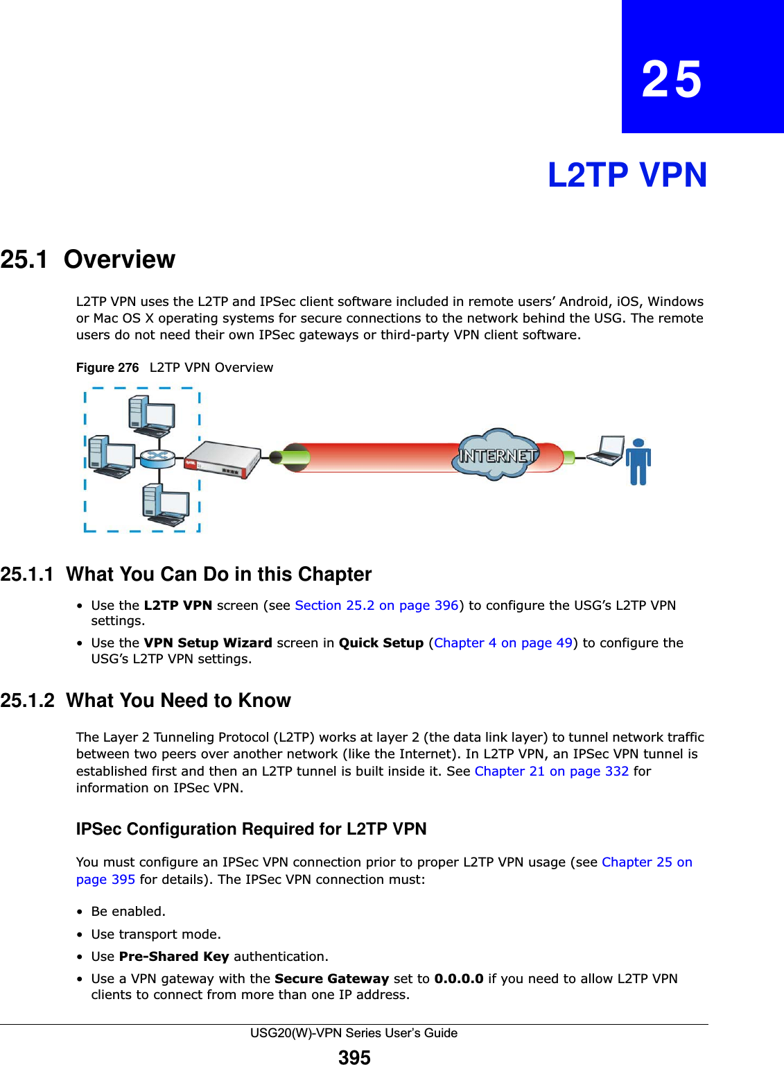 USG20(W)-VPN Series User’s Guide395CHAPTER   25L2TP VPN25.1  OverviewL2TP VPN uses the L2TP and IPSec client software included in remote users’ Android, iOS, Windows or Mac OS X operating systems for secure connections to the network behind the USG. The remote users do not need their own IPSec gateways or third-party VPN client software. Figure 276   L2TP VPN Overview25.1.1  What You Can Do in this Chapter•Use the L2TP VPN screen (see Section 25.2 on page 396) to configure the USG’s L2TP VPN settings. •Use the VPN Setup Wizard screen in Quick Setup (Chapter 4 on page 49) to configure the USG’s L2TP VPN settings.25.1.2  What You Need to KnowThe Layer 2 Tunneling Protocol (L2TP) works at layer 2 (the data link layer) to tunnel network traffic between two peers over another network (like the Internet). In L2TP VPN, an IPSec VPN tunnel is established first and then an L2TP tunnel is built inside it. See Chapter 21 on page 332 for information on IPSec VPN.IPSec Configuration Required for L2TP VPNYou must configure an IPSec VPN connection prior to proper L2TP VPN usage (see Chapter 25 on page 395 for details). The IPSec VPN connection must:• Be enabled.• Use transport mode.•Use Pre-Shared Key authentication.• Use a VPN gateway with the Secure Gateway set to 0.0.0.0 if you need to allow L2TP VPN clients to connect from more than one IP address.