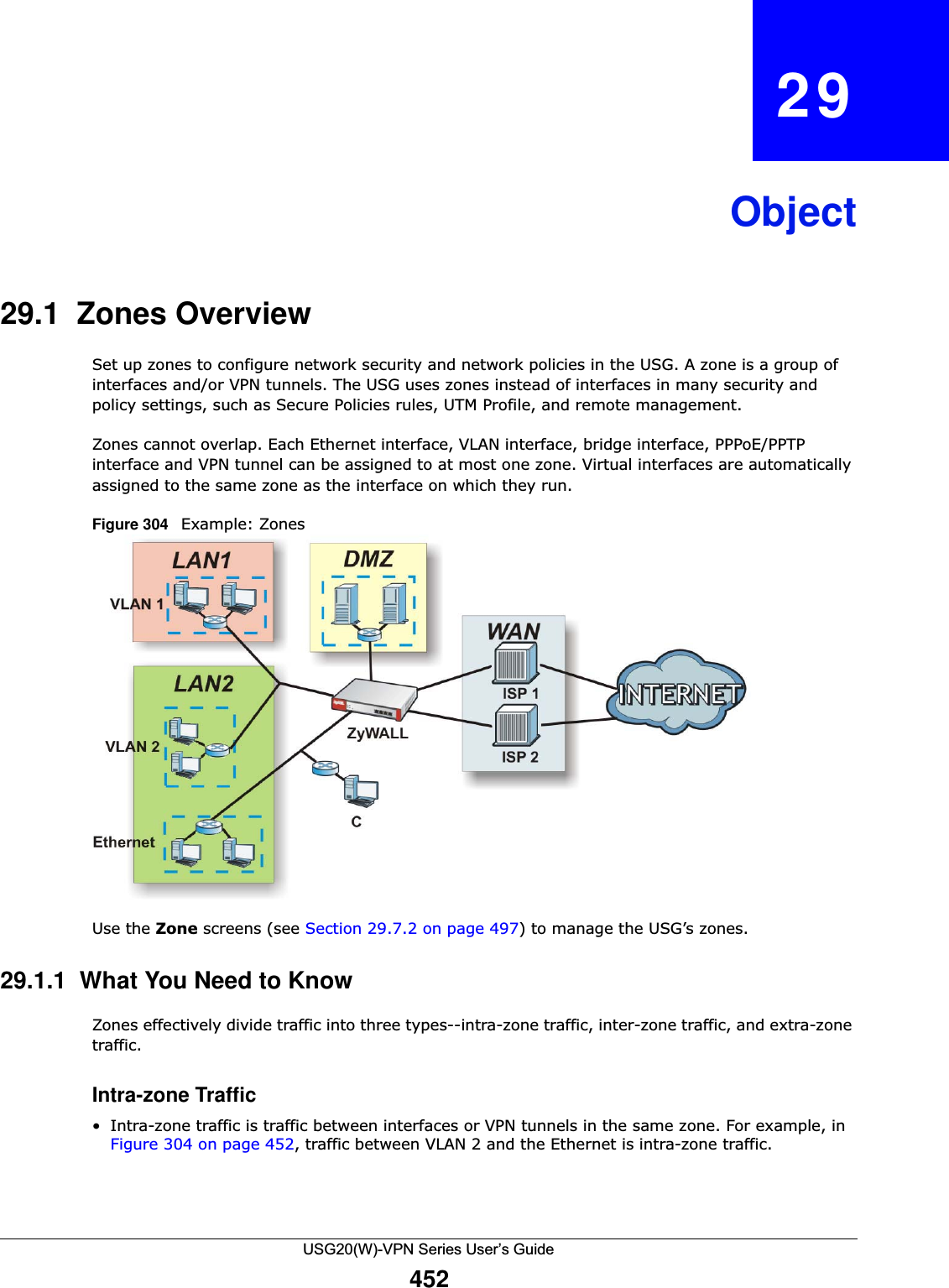 USG20(W)-VPN Series User’s Guide452CHAPTER   29Object29.1  Zones OverviewSet up zones to configure network security and network policies in the USG. A zone is a group of interfaces and/or VPN tunnels. The USG uses zones instead of interfaces in many security and policy settings, such as Secure Policies rules, UTM Profile, and remote management.Zones cannot overlap. Each Ethernet interface, VLAN interface, bridge interface, PPPoE/PPTP interface and VPN tunnel can be assigned to at most one zone. Virtual interfaces are automatically assigned to the same zone as the interface on which they run.Figure 304   Example: ZonesUse the Zone screens (see Section 29.7.2 on page 497) to manage the USG’s zones. 29.1.1  What You Need to KnowZones effectively divide traffic into three types--intra-zone traffic, inter-zone traffic, and extra-zone traffic.Intra-zone Traffic• Intra-zone traffic is traffic between interfaces or VPN tunnels in the same zone. For example, in Figure 304 on page 452, traffic between VLAN 2 and the Ethernet is intra-zone traffic.