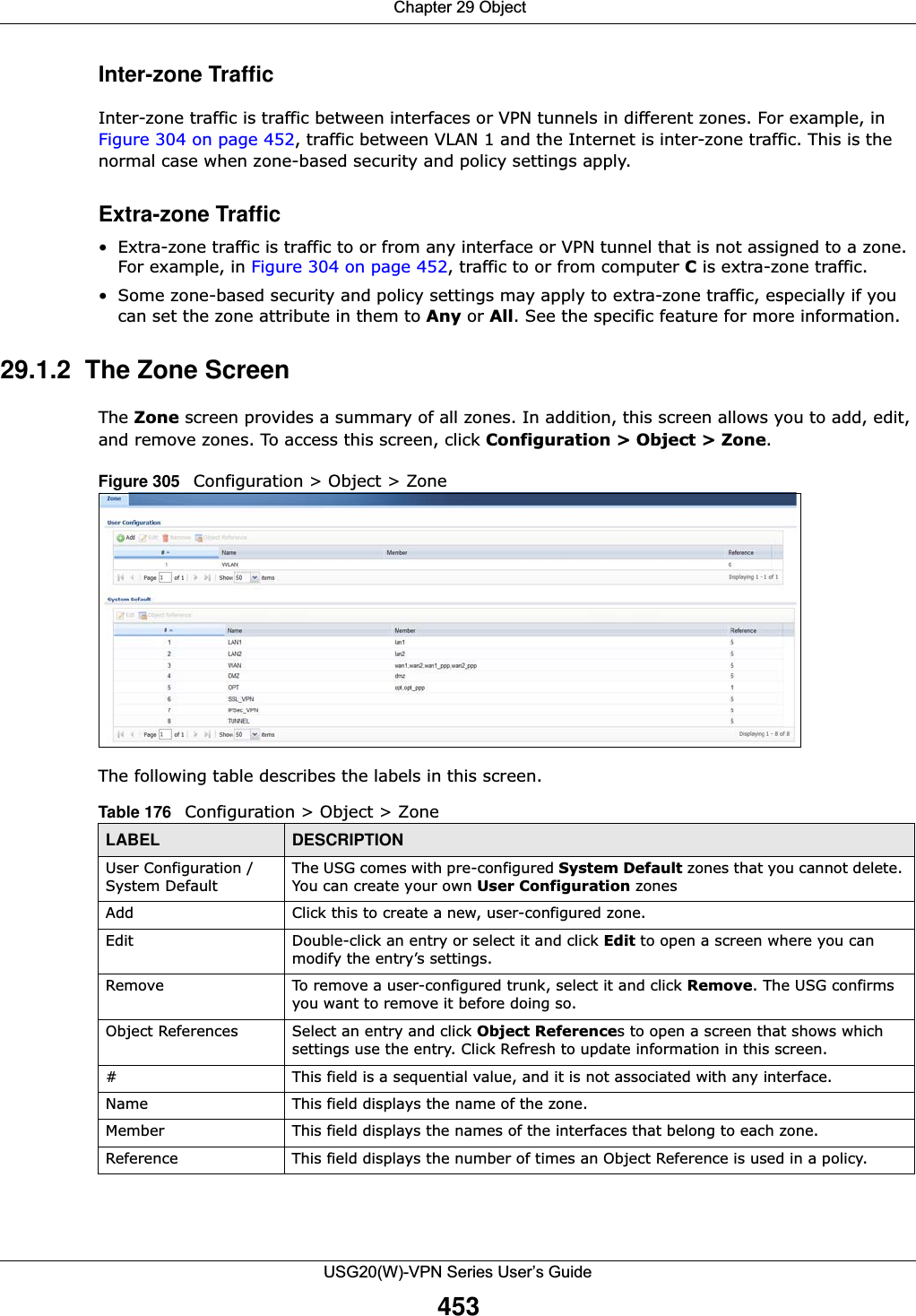  Chapter 29 ObjectUSG20(W)-VPN Series User’s Guide453Inter-zone TrafficInter-zone traffic is traffic between interfaces or VPN tunnels in different zones. For example, in Figure 304 on page 452, traffic between VLAN 1 and the Internet is inter-zone traffic. This is the normal case when zone-based security and policy settings apply.Extra-zone Traffic• Extra-zone traffic is traffic to or from any interface or VPN tunnel that is not assigned to a zone. For example, in Figure 304 on page 452, traffic to or from computer C is extra-zone traffic. • Some zone-based security and policy settings may apply to extra-zone traffic, especially if you can set the zone attribute in them to Any or All. See the specific feature for more information.29.1.2  The Zone ScreenThe Zone screen provides a summary of all zones. In addition, this screen allows you to add, edit, and remove zones. To access this screen, click Configuration &gt; Object &gt; Zone.Figure 305   Configuration &gt; Object &gt; Zone  The following table describes the labels in this screen.  Table 176   Configuration &gt; Object &gt; ZoneLABEL DESCRIPTIONUser Configuration / System DefaultThe USG comes with pre-configured System Default zones that you cannot delete. You can create your own User Configuration zones Add Click this to create a new, user-configured zone.Edit Double-click an entry or select it and click Edit to open a screen where you can modify the entry’s settings. Remove To remove a user-configured trunk, select it and click Remove. The USG confirms you want to remove it before doing so.Object References Select an entry and click Object References to open a screen that shows which settings use the entry. Click Refresh to update information in this screen.# This field is a sequential value, and it is not associated with any interface.Name This field displays the name of the zone.Member This field displays the names of the interfaces that belong to each zone.Reference This field displays the number of times an Object Reference is used in a policy.