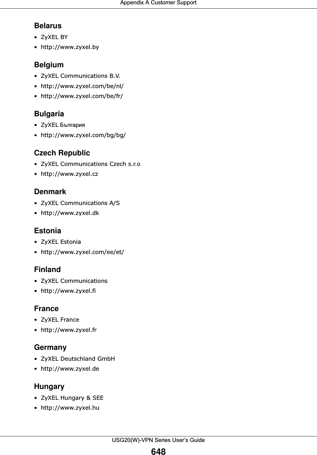 Appendix A Customer SupportUSG20(W)-VPN Series User’s Guide648Belarus•ZyXEL BY • http://www.zyxel.byBelgium• ZyXEL Communications B.V.  • http://www.zyxel.com/be/nl/• http://www.zyxel.com/be/fr/ Bulgaria•ZyXEL • http://www.zyxel.com/bg/bg/ Czech Republic• ZyXEL Communications Czech s.r.o • http://www.zyxel.czDenmark• ZyXEL Communications A/S• http://www.zyxel.dkEstonia•ZyXEL Estonia• http://www.zyxel.com/ee/et/Finland• ZyXEL Communications• http://www.zyxel.fiFrance•ZyXEL France• http://www.zyxel.frGermany• ZyXEL Deutschland GmbH • http://www.zyxel.deHungary• ZyXEL Hungary &amp; SEE • http://www.zyxel.hu