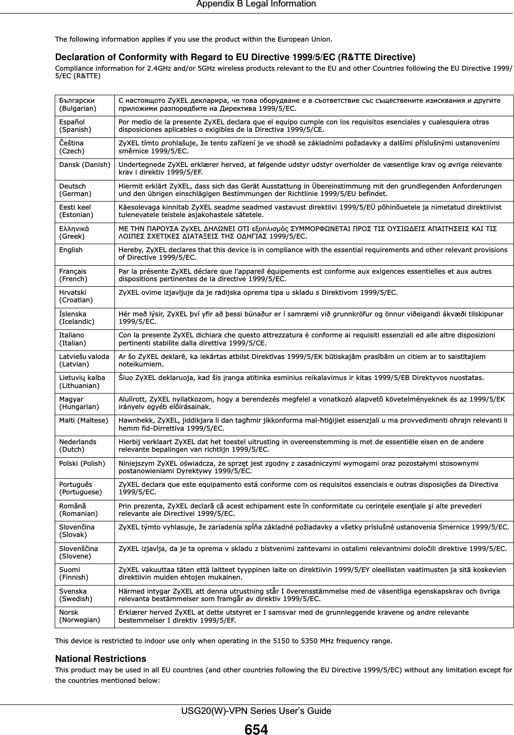 Appendix B Legal InformationUSG20(W)-VPN Series User’s Guide654The following information applies if you use the product within the European Union.Declaration of Conformity with Regard to EU Directive 1999/5/EC (R&amp;TTE Directive)Compliance information for 2.4GHz and/or 5GHz wireless products relevant to the EU and other Countries following the EU Directive 1999/5/EC (R&amp;TTE)   This device is restricted to indoor use only when operating in the 5150 to 5350 MHz frequency range.National RestrictionsThis product may be used in all EU countries (and other countries following the EU Directive 1999/5/EC) without any limitation except forthe countries mentioned below: (Bulgarian)   ZyXEL ,                1999/5/C.Español (Spanish) Por medio de la presente ZyXEL declara que el equipo cumple con los requisitos esenciales y cualesquiera otras disposiciones aplicables o exigibles de la Directiva 1999/5/CE.eština (Czech) ZyXEL tímto prohlašuje, že tento zaízení je ve shod se základními požadavky a dalšími píslušnými ustanoveními smrnice 1999/5/EC.Dansk (Danish) Undertegnede ZyXEL erklærer herved, at følgende udstyr udstyr overholder de væsentlige krav og øvrige relevante krav i direktiv 1999/5/EF.Deutsch (German) Hiermit erklärt ZyXEL, dass sich das Gerät Ausstattung in Übereinstimmung mit den grundlegenden Anforderungen und den übrigen einschlägigen Bestimmungen der Richtlinie 1999/5/EU befindet.Eesti keel (Estonian) Käesolevaga kinnitab ZyXEL seadme seadmed vastavust direktiivi 1999/5/EÜ põhinõuetele ja nimetatud direktiivist tulenevatele teistele asjakohastele sätetele. (Greek)    ZyXEL   ¡¢£ ¤     ¥   ¦¥ §  ¨ 1999/5/C.English Hereby, ZyXEL declares that this device is in compliance with the essential requirements and other relevant provisions of Directive 1999/5/EC.Français (French) Par la présente ZyXEL déclare que l&apos;appareil équipements est conforme aux exigences essentielles et aux autres dispositions pertinentes de la directive 1999/5/EC.Hrvatski (Croatian) ZyXEL ovime izjavljuje da je radijska oprema tipa u skladu s Direktivom 1999/5/EC.Íslenska (Icelandic) Hér með lýsir, ZyXEL því yfir að þessi búnaður er í samræmi við grunnkröfur og önnur viðeigandi ákvæði tilskipunar 1999/5/EC.Italiano (Italian) Con la presente ZyXEL dichiara che questo attrezzatura è conforme ai requisiti essenziali ed alle altre disposizioni pertinenti stabilite dalla direttiva 1999/5/CE.Latviešu valoda (Latvian) Ar šo ZyXEL deklarª, ka iek«rtas atbilst Direkt¬vas 1999/5/EK btiskaj«m pras¬b«m un citiem ar to saist¬tajiem noteikumiem.Lietuvi® kalba (Lithuanian) Šiuo ZyXEL deklaruoja, kad šis °ranga atitinka esminius reikalavimus ir kitas 1999/5/EB Direktyvos nuostatas.Magyar (Hungarian) Alulírott, ZyXEL nyilatkozom, hogy a berendezés megfelel a vonatkozó alapvetõ követelményeknek és az 1999/5/EK irányelv egyéb elõírásainak.Malti (Maltese) Hawnhekk, ZyXEL, jiddikjara li dan tag±mir jikkonforma mal-±ti²ijiet essenzjali u ma provvedimenti o±rajn relevanti li hemm fid-Dirrettiva 1999/5/EC.Nederlands (Dutch) Hierbij verklaart ZyXEL dat het toestel uitrusting in overeenstemming is met de essentiële eisen en de andere relevante bepalingen van richtlijn 1999/5/EC.Polski (Polish) Niniejszym ZyXEL o³wiadcza, ´e sprzµt jest zgodny z zasadniczymi wymogami oraz pozosta¶ymi stosownymi postanowieniami Dyrektywy 1999/5/EC.Português (Portuguese) ZyXEL declara que este equipamento está conforme com os requisitos essenciais e outras disposições da Directiva 1999/5/EC.Român· (Romanian) Prin prezenta, ZyXEL declar· c· acest echipament este în conformitate cu cerin¸ele esen¸iale ¹i alte prevederi relevante ale Directivei 1999/5/EC.Slovenºina (Slovak) ZyXEL týmto vyhlasuje, že zariadenia sp»¼a základné požiadavky a všetky príslušné ustanovenia Smernice 1999/5/EC.Slovenšºina (Slovene) ZyXEL izjavlja, da je ta oprema v skladu z bistvenimi zahtevami in ostalimi relevantnimi doloºili direktive 1999/5/EC.Suomi (Finnish) ZyXEL vakuuttaa täten että laitteet tyyppinen laite on direktiivin 1999/5/EY oleellisten vaatimusten ja sitä koskevien direktiivin muiden ehtojen mukainen.Svenska (Swedish) Härmed intygar ZyXEL att denna utrustning står I överensstämmelse med de väsentliga egenskapskrav och övriga relevanta bestämmelser som framgår av direktiv 1999/5/EC.Norsk (Norwegian) Erklærer herved ZyXEL at dette utstyret er I samsvar med de grunnleggende kravene og andre relevante bestemmelser I direktiv 1999/5/EF.