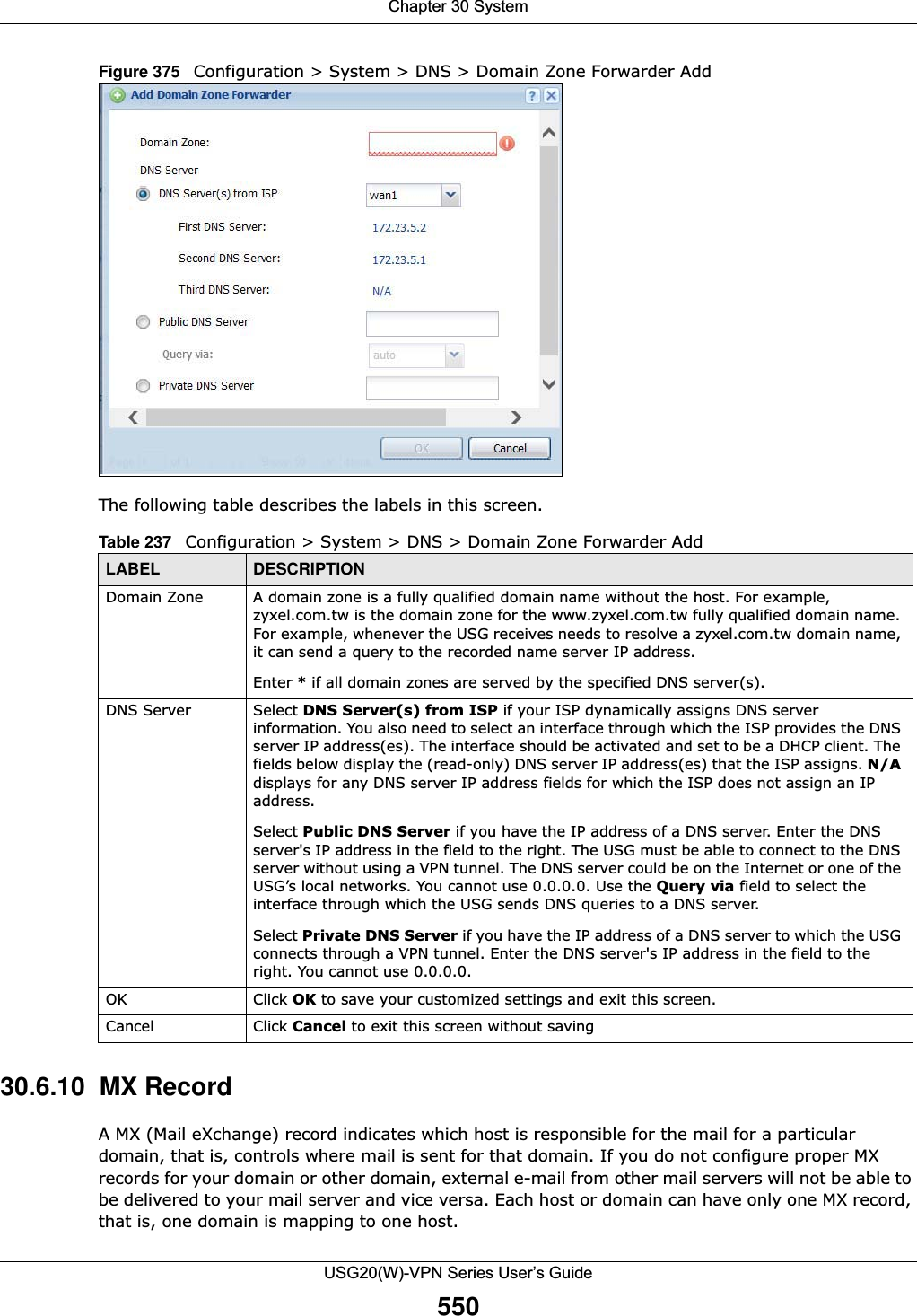 Chapter 30 SystemUSG20(W)-VPN Series User’s Guide550Figure 375   Configuration &gt; System &gt; DNS &gt; Domain Zone Forwarder AddThe following table describes the labels in this screen. 30.6.10  MX Record A MX (Mail eXchange) record indicates which host is responsible for the mail for a particular domain, that is, controls where mail is sent for that domain. If you do not configure proper MX records for your domain or other domain, external e-mail from other mail servers will not be able to be delivered to your mail server and vice versa. Each host or domain can have only one MX record, that is, one domain is mapping to one host.Table 237   Configuration &gt; System &gt; DNS &gt; Domain Zone Forwarder AddLABEL DESCRIPTIONDomain Zone  A domain zone is a fully qualified domain name without the host. For example, zyxel.com.tw is the domain zone for the www.zyxel.com.tw fully qualified domain name. For example, whenever the USG receives needs to resolve a zyxel.com.tw domain name, it can send a query to the recorded name server IP address.Enter * if all domain zones are served by the specified DNS server(s). DNS Server Select DNS Server(s) from ISP if your ISP dynamically assigns DNS server information. You also need to select an interface through which the ISP provides the DNS server IP address(es). The interface should be activated and set to be a DHCP client. The fields below display the (read-only) DNS server IP address(es) that the ISP assigns. N/Adisplays for any DNS server IP address fields for which the ISP does not assign an IP address.Select Public DNS Server if you have the IP address of a DNS server. Enter the DNS server&apos;s IP address in the field to the right. The USG must be able to connect to the DNS server without using a VPN tunnel. The DNS server could be on the Internet or one of the USG’s local networks. You cannot use 0.0.0.0. Use the Query via field to select the interface through which the USG sends DNS queries to a DNS server. Select Private DNS Server if you have the IP address of a DNS server to which the USG connects through a VPN tunnel. Enter the DNS server&apos;s IP address in the field to the right. You cannot use 0.0.0.0.OK Click OK to save your customized settings and exit this screen. Cancel Click Cancel to exit this screen without saving