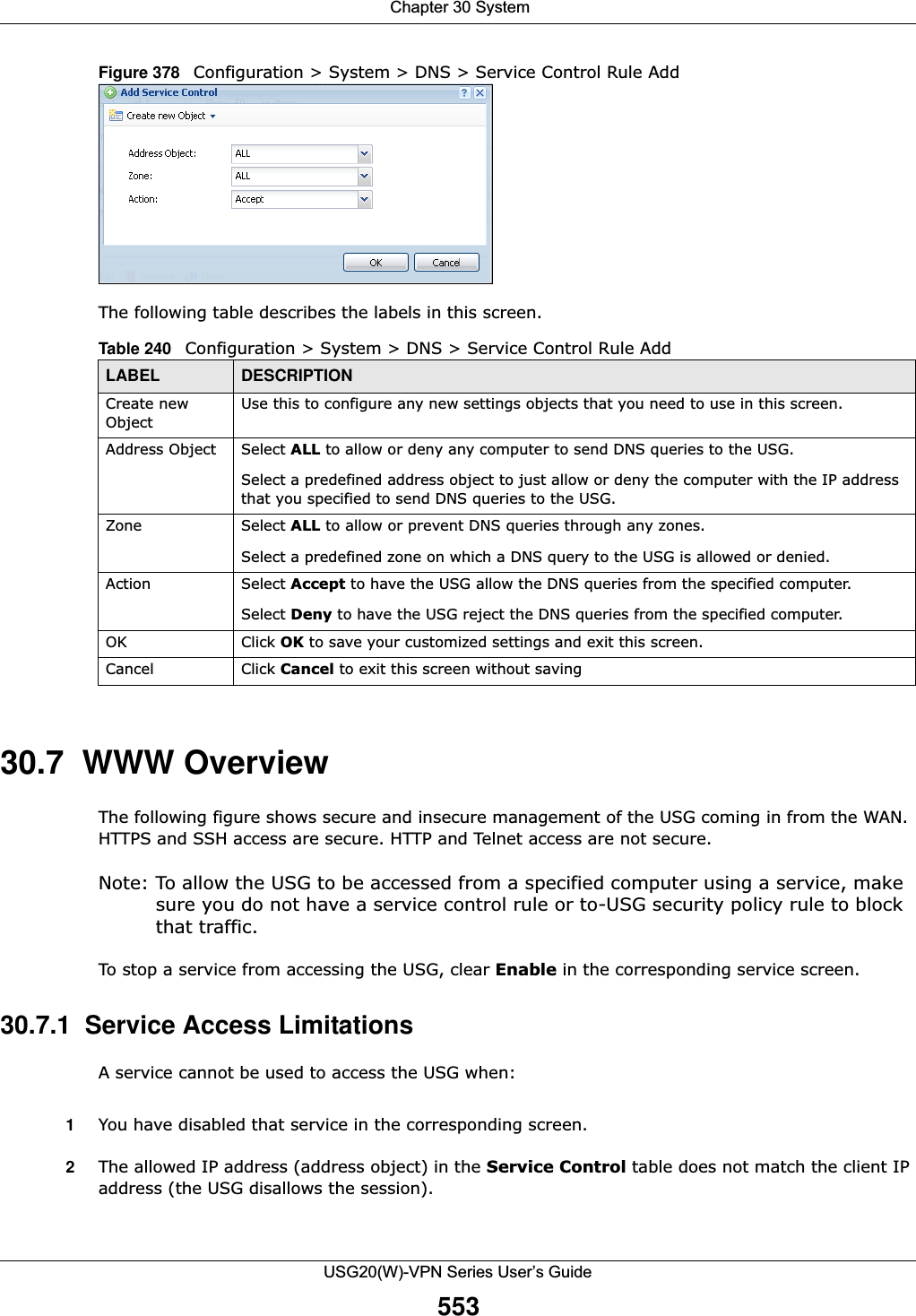  Chapter 30 SystemUSG20(W)-VPN Series User’s Guide553Figure 378   Configuration &gt; System &gt; DNS &gt; Service Control Rule AddThe following table describes the labels in this screen.  30.7  WWW OverviewThe following figure shows secure and insecure management of the USG coming in from the WAN. HTTPS and SSH access are secure. HTTP and Telnet access are not secure. Note: To allow the USG to be accessed from a specified computer using a service, make sure you do not have a service control rule or to-USG security policy rule to block that traffic. To stop a service from accessing the USG, clear Enable in the corresponding service screen. 30.7.1  Service Access LimitationsA service cannot be used to access the USG when:1You have disabled that service in the corresponding screen.2The allowed IP address (address object) in the Service Control table does not match the client IP address (the USG disallows the session).Table 240   Configuration &gt; System &gt; DNS &gt; Service Control Rule AddLABEL DESCRIPTIONCreate new ObjectUse this to configure any new settings objects that you need to use in this screen.Address Object Select ALL to allow or deny any computer to send DNS queries to the USG.Select a predefined address object to just allow or deny the computer with the IP address that you specified to send DNS queries to the USG.Zone Select ALL to allow or prevent DNS queries through any zones.Select a predefined zone on which a DNS query to the USG is allowed or denied.Action Select Accept to have the USG allow the DNS queries from the specified computer.Select Deny to have the USG reject the DNS queries from the specified computer.OK Click OK to save your customized settings and exit this screen. Cancel Click Cancel to exit this screen without saving