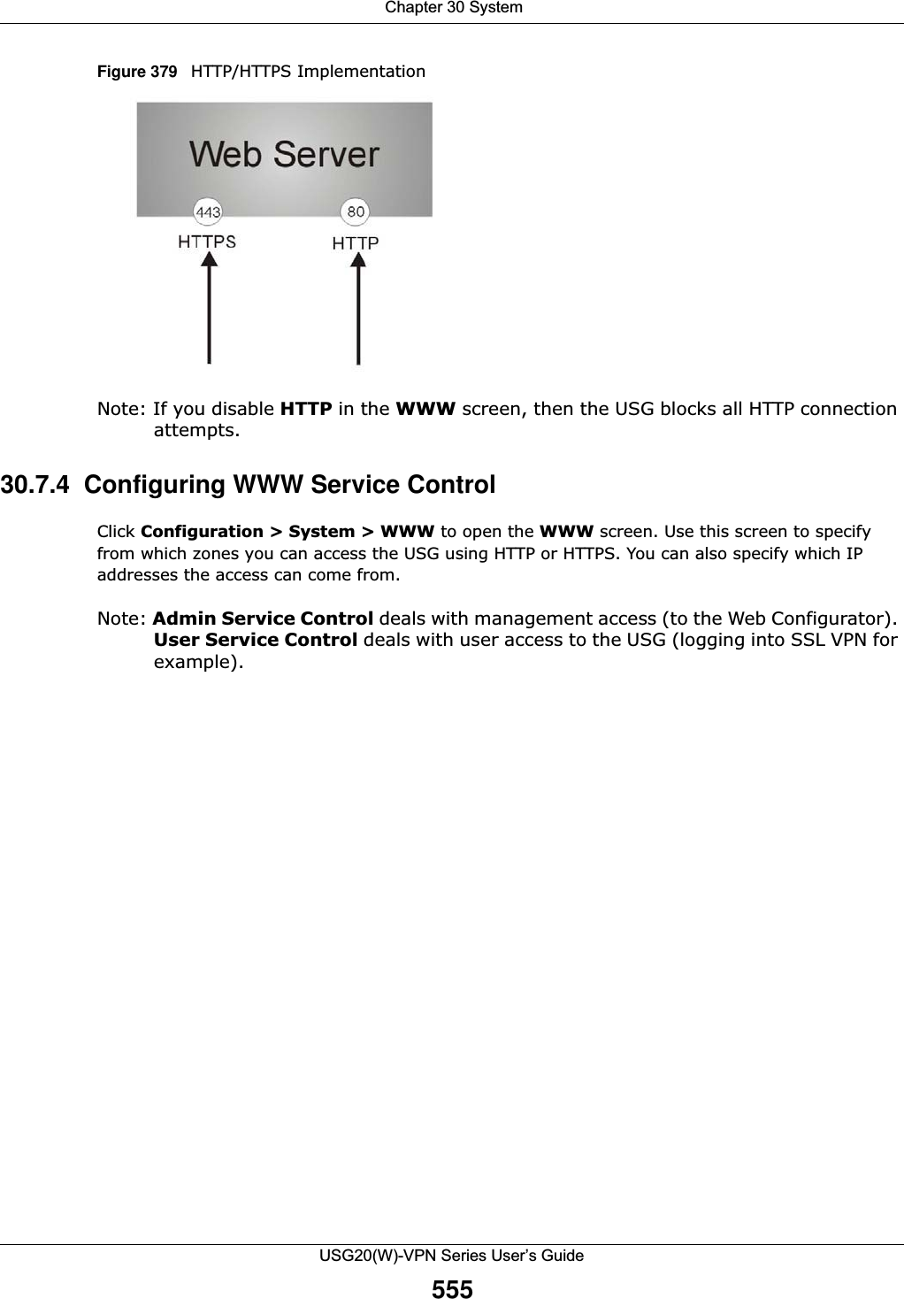  Chapter 30 SystemUSG20(W)-VPN Series User’s Guide555Figure 379   HTTP/HTTPS ImplementationNote: If you disable HTTP in the WWW screen, then the USG blocks all HTTP connection attempts.30.7.4  Configuring WWW Service ControlClick Configuration &gt; System &gt; WWW to open the WWW screen. Use this screen to specify from which zones you can access the USG using HTTP or HTTPS. You can also specify which IP addresses the access can come from.Note: Admin Service Control deals with management access (to the Web Configurator). User Service Control deals with user access to the USG (logging into SSL VPN for example).