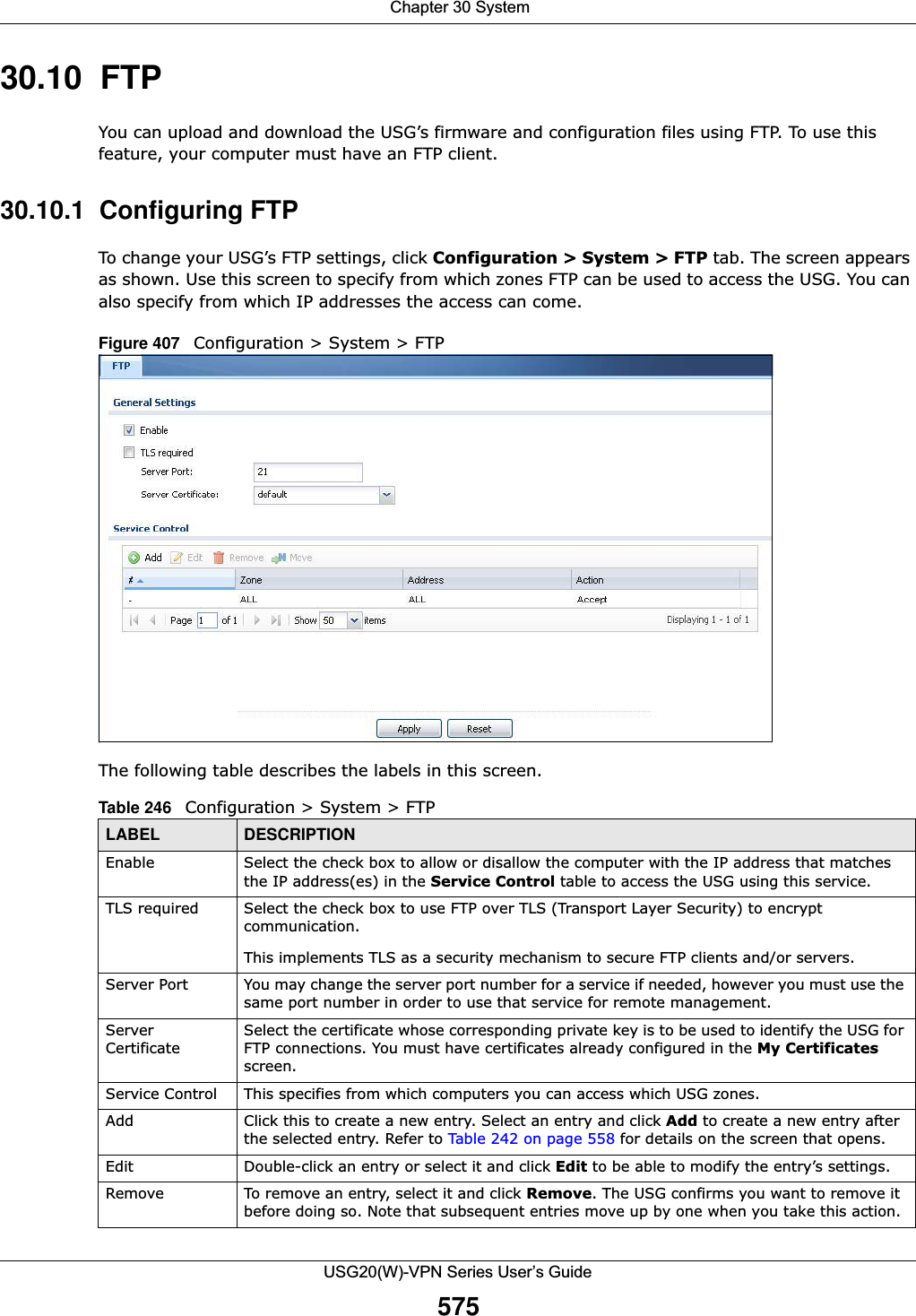  Chapter 30 SystemUSG20(W)-VPN Series User’s Guide57530.10  FTP You can upload and download the USG’s firmware and configuration files using FTP. To use this feature, your computer must have an FTP client.30.10.1  Configuring FTPTo change your USG’s FTP settings, click Configuration &gt; System &gt; FTP tab. The screen appears as shown. Use this screen to specify from which zones FTP can be used to access the USG. You can also specify from which IP addresses the access can come.Figure 407   Configuration &gt; System &gt; FTPThe following table describes the labels in this screen.  Table 246   Configuration &gt; System &gt; FTPLABEL DESCRIPTIONEnable Select the check box to allow or disallow the computer with the IP address that matches the IP address(es) in the Service Control table to access the USG using this service.TLS required Select the check box to use FTP over TLS (Transport Layer Security) to encrypt communication.This implements TLS as a security mechanism to secure FTP clients and/or servers.Server Port You may change the server port number for a service if needed, however you must use the same port number in order to use that service for remote management.Server CertificateSelect the certificate whose corresponding private key is to be used to identify the USG for FTP connections. You must have certificates already configured in the My Certificates screen.Service Control This specifies from which computers you can access which USG zones.Add Click this to create a new entry. Select an entry and click Add to create a new entry after the selected entry. Refer to Table 242 on page 558 for details on the screen that opens.Edit Double-click an entry or select it and click Edit to be able to modify the entry’s settings. Remove To remove an entry, select it and click Remove. The USG confirms you want to remove it before doing so. Note that subsequent entries move up by one when you take this action.