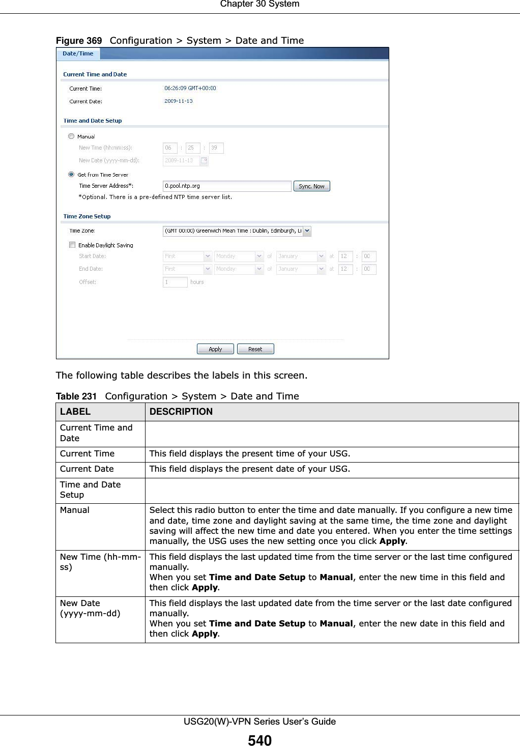 Chapter 30 SystemUSG20(W)-VPN Series User’s Guide540Figure 369   Configuration &gt; System &gt; Date and TimeThe following table describes the labels in this screen.  Table 231   Configuration &gt; System &gt; Date and TimeLABEL DESCRIPTIONCurrent Time and DateCurrent Time This field displays the present time of your USG.Current Date  This field displays the present date of your USG. Time and Date SetupManual Select this radio button to enter the time and date manually. If you configure a new time and date, time zone and daylight saving at the same time, the time zone and daylight saving will affect the new time and date you entered. When you enter the time settings manually, the USG uses the new setting once you click Apply.New Time (hh-mm-ss)This field displays the last updated time from the time server or the last time configured manually.When you set Time and Date Setup to Manual, enter the new time in this field and then click Apply. New Date        (yyyy-mm-dd)This field displays the last updated date from the time server or the last date configured manually.When you set Time and Date Setup to Manual, enter the new date in this field and then click Apply.