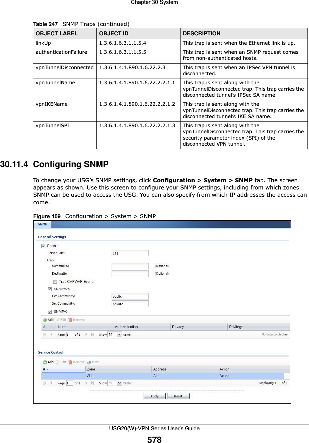 Chapter 30 SystemUSG20(W)-VPN Series User’s Guide57830.11.4  Configuring SNMP To change your USG’s SNMP settings, click Configuration &gt; System &gt; SNMP tab. The screen appears as shown. Use this screen to configure your SNMP settings, including from which zones SNMP can be used to access the USG. You can also specify from which IP addresses the access can come.Figure 409   Configuration &gt; System &gt; SNMPlinkUp 1.3.6.1.6.3.1.1.5.4 This trap is sent when the Ethernet link is up.authenticationFailure 1.3.6.1.6.3.1.1.5.5 This trap is sent when an SNMP request comes from non-authenticated hosts.vpnTunnelDisconnected 1.3.6.1.4.1.890.1.6.22.2.3 This trap is sent when an IPSec VPN tunnel is disconnected.vpnTunnelName 1.3.6.1.4.1.890.1.6.22.2.2.1.1 This trap is sent along with the vpnTunnelDisconnected trap. This trap carries the disconnected tunnel’s IPSec SA name.vpnIKEName 1.3.6.1.4.1.890.1.6.22.2.2.1.2 This trap is sent along with the vpnTunnelDisconnected trap. This trap carries the disconnected tunnel’s IKE SA name.vpnTunnelSPI 1.3.6.1.4.1.890.1.6.22.2.2.1.3 This trap is sent along with the vpnTunnelDisconnected trap. This trap carries the security parameter index (SPI) of the disconnected VPN tunnel.Table 247   SNMP Traps (continued)OBJECT LABEL OBJECT ID DESCRIPTION