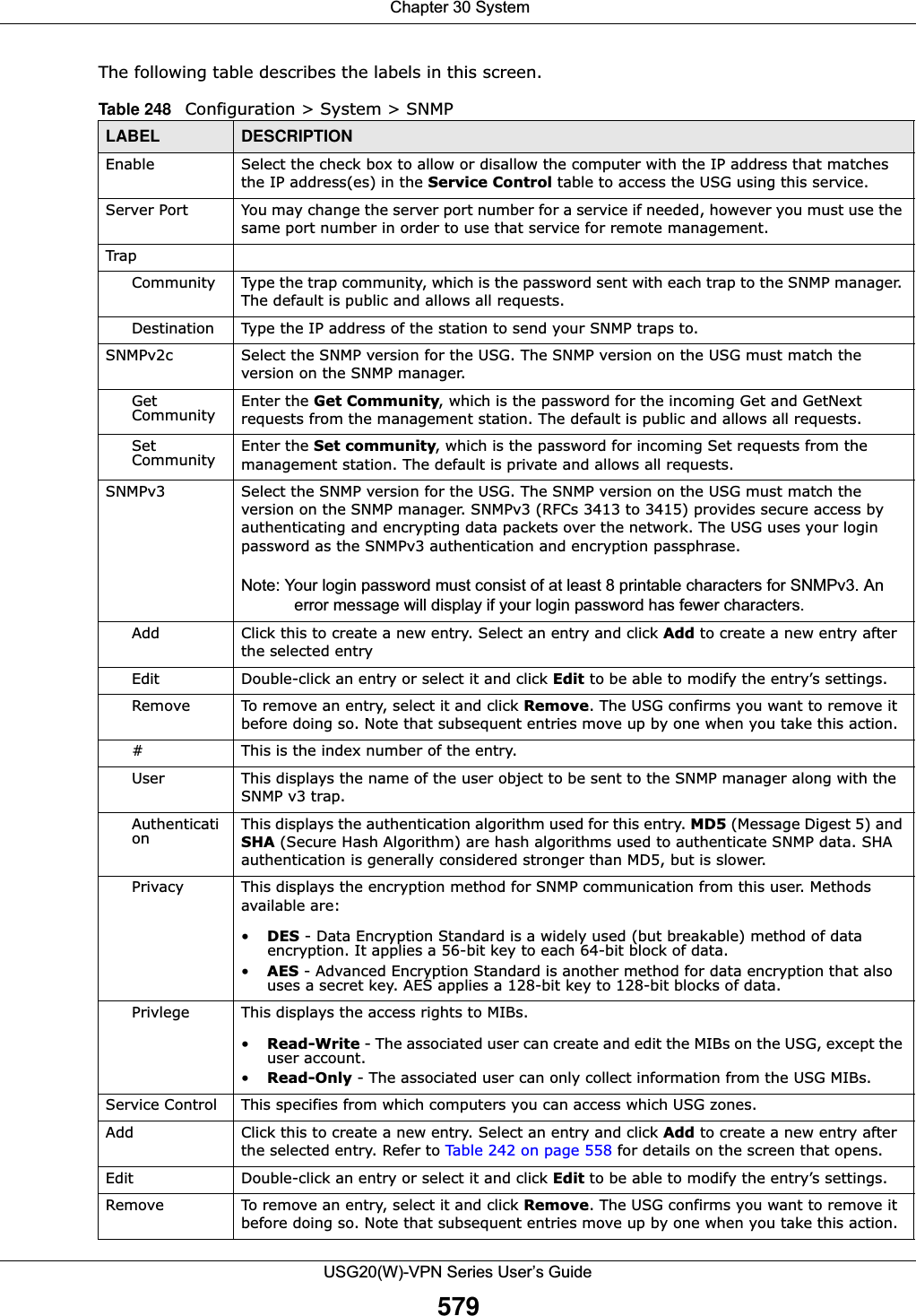  Chapter 30 SystemUSG20(W)-VPN Series User’s Guide579The following table describes the labels in this screen.  Table 248   Configuration &gt; System &gt; SNMPLABEL DESCRIPTIONEnable Select the check box to allow or disallow the computer with the IP address that matches the IP address(es) in the Service Control table to access the USG using this service.Server Port You may change the server port number for a service if needed, however you must use the same port number in order to use that service for remote management.TrapCommunity Type the trap community, which is the password sent with each trap to the SNMP manager. The default is public and allows all requests.Destination Type the IP address of the station to send your SNMP traps to.SNMPv2c Select the SNMP version for the USG. The SNMP version on the USG must match the version on the SNMP manager. Get Community Enter the Get Community, which is the password for the incoming Get and GetNext requests from the management station. The default is public and allows all requests.Set Community Enter the Set community, which is the password for incoming Set requests from the management station. The default is private and allows all requests.SNMPv3 Select the SNMP version for the USG. The SNMP version on the USG must match the version on the SNMP manager. SNMPv3 (RFCs 3413 to 3415) provides secure access by authenticating and encrypting data packets over the network. The USG uses your login password as the SNMPv3 authentication and encryption passphrase. Note: Your login password must consist of at least 8 printable characters for SNMPv3. An error message will display if your login password has fewer characters.Add Click this to create a new entry. Select an entry and click Add to create a new entry after the selected entryEdit Double-click an entry or select it and click Edit to be able to modify the entry’s settings.Remove To remove an entry, select it and click Remove. The USG confirms you want to remove it before doing so. Note that subsequent entries move up by one when you take this action.#This is the index number of the entry.User This displays the name of the user object to be sent to the SNMP manager along with the SNMP v3 trap.Authentication This displays the authentication algorithm used for this entry. MD5 (Message Digest 5) and SHA (Secure Hash Algorithm) are hash algorithms used to authenticate SNMP data. SHA authentication is generally considered stronger than MD5, but is slower. Privacy This displays the encryption method for SNMP communication from this user. Methods available are:•DES - Data Encryption Standard is a widely used (but breakable) method of data encryption. It applies a 56-bit key to each 64-bit block of data.•AES - Advanced Encryption Standard is another method for data encryption that also uses a secret key. AES applies a 128-bit key to 128-bit blocks of data.Privlege This displays the access rights to MIBs. •Read-Write - The associated user can create and edit the MIBs on the USG, except the user account.•Read-Only - The associated user can only collect information from the USG MIBs.Service Control This specifies from which computers you can access which USG zones.Add Click this to create a new entry. Select an entry and click Add to create a new entry after the selected entry. Refer to Table 242 on page 558 for details on the screen that opens.Edit Double-click an entry or select it and click Edit to be able to modify the entry’s settings. Remove To remove an entry, select it and click Remove. The USG confirms you want to remove it before doing so. Note that subsequent entries move up by one when you take this action.