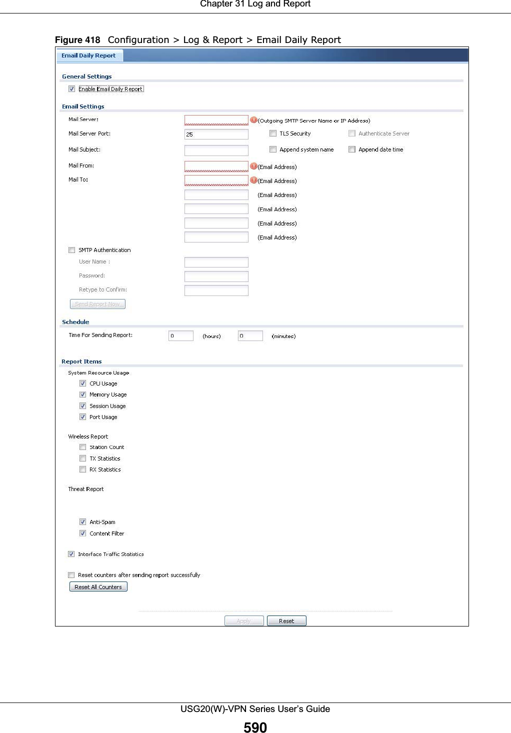 Chapter 31 Log and ReportUSG20(W)-VPN Series User’s Guide590Figure 418   Configuration &gt; Log &amp; Report &gt; Email Daily Report 