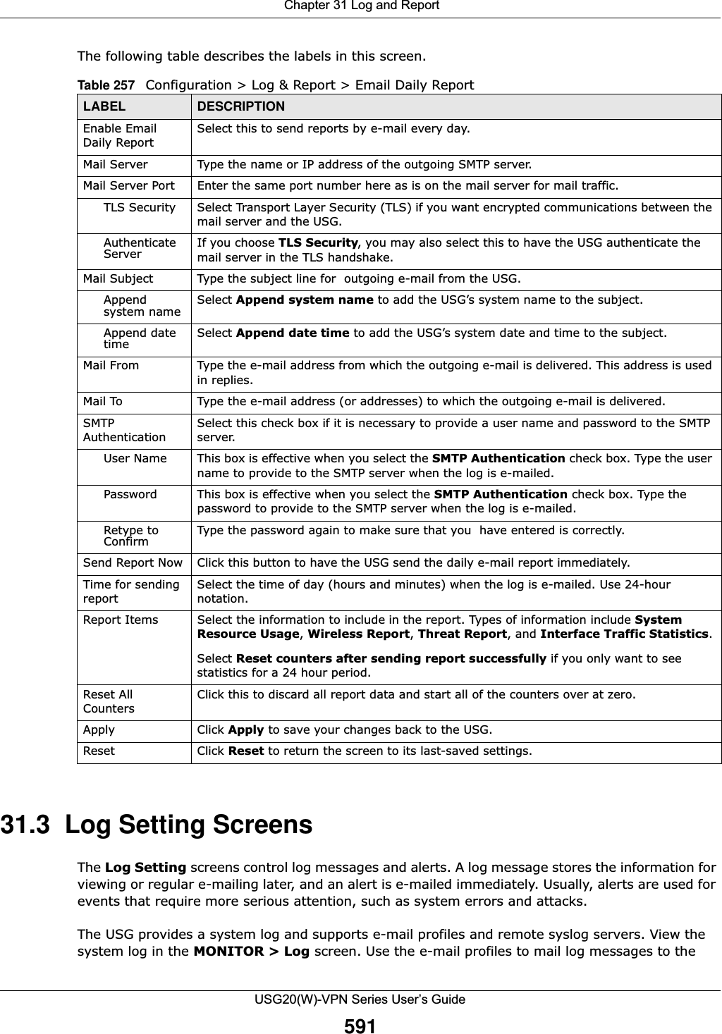  Chapter 31 Log and ReportUSG20(W)-VPN Series User’s Guide591The following table describes the labels in this screen. 31.3  Log Setting Screens The Log Setting screens control log messages and alerts. A log message stores the information for viewing or regular e-mailing later, and an alert is e-mailed immediately. Usually, alerts are used for events that require more serious attention, such as system errors and attacks.The USG provides a system log and supports e-mail profiles and remote syslog servers. View the system log in the MONITOR &gt; Log screen. Use the e-mail profiles to mail log messages to the Table 257   Configuration &gt; Log &amp; Report &gt; Email Daily ReportLABEL DESCRIPTIONEnable Email Daily ReportSelect this to send reports by e-mail every day. Mail Server Type the name or IP address of the outgoing SMTP server.Mail Server Port Enter the same port number here as is on the mail server for mail traffic.TLS Security Select Transport Layer Security (TLS) if you want encrypted communications between the mail server and the USG. Authenticate Server If you choose TLS Security, you may also select this to have the USG authenticate the mail server in the TLS handshake.Mail Subject Type the subject line for  outgoing e-mail from the USG. Append system name Select Append system name to add the USG’s system name to the subject. Append date time Select Append date time to add the USG’s system date and time to the subject.Mail From Type the e-mail address from which the outgoing e-mail is delivered. This address is used in replies.Mail To Type the e-mail address (or addresses) to which the outgoing e-mail is delivered.SMTP AuthenticationSelect this check box if it is necessary to provide a user name and password to the SMTP server.User Name This box is effective when you select the SMTP Authentication check box. Type the user name to provide to the SMTP server when the log is e-mailed.Password This box is effective when you select the SMTP Authentication check box. Type the password to provide to the SMTP server when the log is e-mailed.Retype to Confirm Type the password again to make sure that you  have entered is correctly.Send Report Now Click this button to have the USG send the daily e-mail report immediately.Time for sending reportSelect the time of day (hours and minutes) when the log is e-mailed. Use 24-hour notation.Report Items Select the information to include in the report. Types of information include System Resource Usage, Wireless Report, Threat Report, and Interface Traffic Statistics.Select Reset counters after sending report successfully if you only want to see statistics for a 24 hour period.Reset All CountersClick this to discard all report data and start all of the counters over at zero. Apply Click Apply to save your changes back to the USG.Reset Click Reset to return the screen to its last-saved settings. 