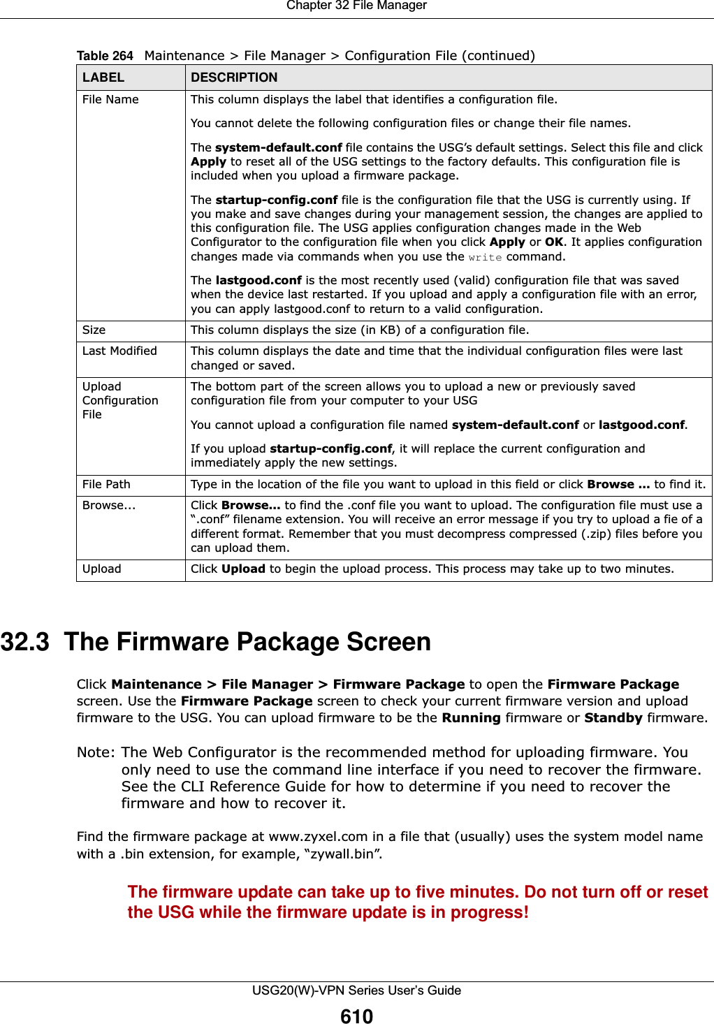 Chapter 32 File ManagerUSG20(W)-VPN Series User’s Guide61032.3  The Firmware Package Screen Click Maintenance &gt; File Manager &gt; Firmware Package to open the Firmware Package screen. Use the Firmware Package screen to check your current firmware version and upload firmware to the USG. You can upload firmware to be the Running firmware or Standby firmware.Note: The Web Configurator is the recommended method for uploading firmware. You only need to use the command line interface if you need to recover the firmware. See the CLI Reference Guide for how to determine if you need to recover the firmware and how to recover it.Find the firmware package at www.zyxel.com in a file that (usually) uses the system model name with a .bin extension, for example, “zywall.bin”. The firmware update can take up to five minutes. Do not turn off or reset the USG while the firmware update is in progress!File Name This column displays the label that identifies a configuration file.You cannot delete the following configuration files or change their file names. The system-default.conf file contains the USG’s default settings. Select this file and click Apply to reset all of the USG settings to the factory defaults. This configuration file is included when you upload a firmware package. The startup-config.conf file is the configuration file that the USG is currently using. If you make and save changes during your management session, the changes are applied to this configuration file. The USG applies configuration changes made in the Web Configurator to the configuration file when you click Apply or OK. It applies configuration changes made via commands when you use the write command. The lastgood.conf is the most recently used (valid) configuration file that was saved when the device last restarted. If you upload and apply a configuration file with an error, you can apply lastgood.conf to return to a valid configuration.Size This column displays the size (in KB) of a configuration file.Last Modified This column displays the date and time that the individual configuration files were last changed or saved.Upload Configuration FileThe bottom part of the screen allows you to upload a new or previously saved configuration file from your computer to your USGYou cannot upload a configuration file named system-default.conf or lastgood.conf. If you upload startup-config.conf, it will replace the current configuration and immediately apply the new settings.File Path  Type in the location of the file you want to upload in this field or click Browse ... to find it.Browse...  Click Browse... to find the .conf file you want to upload. The configuration file must use a “.conf” filename extension. You will receive an error message if you try to upload a fie of a different format. Remember that you must decompress compressed (.zip) files before you can upload them. Upload  Click Upload to begin the upload process. This process may take up to two minutes. Table 264   Maintenance &gt; File Manager &gt; Configuration File (continued)LABEL DESCRIPTION