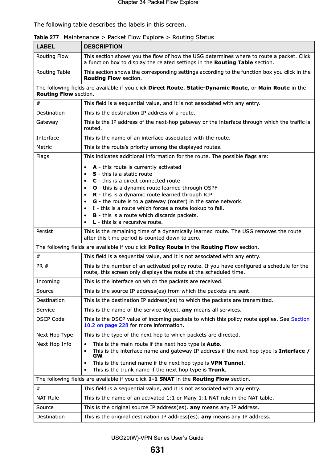  Chapter 34 Packet Flow ExploreUSG20(W)-VPN Series User’s Guide631The following table describes the labels in this screen.  Table 277   Maintenance &gt; Packet Flow Explore &gt; Routing StatusLABEL DESCRIPTIONRouting Flow This section shows you the flow of how the USG determines where to route a packet. Click a function box to display the related settings in the Routing Table section.Routing Table This section shows the corresponding settings according to the function box you click in the Routing Flow section.The following fields are available if you click Direct Route, Static-Dynamic Route, or Main Route in the Routing Flow section.#This field is a sequential value, and it is not associated with any entry.Destination This is the destination IP address of a route. Gateway This is the IP address of the next-hop gateway or the interface through which the traffic is routed.Interface This is the name of an interface associated with the route.Metric This is the route’s priority among the displayed routes. Flags This indicates additional information for the route. The possible flags are:•A - this route is currently activated•S - this is a static route•C - this is a direct connected route•O - this is a dynamic route learned through OSPF•R - this is a dynamic route learned through RIP•G - the route is to a gateway (router) in the same network. •! - this is a route which forces a route lookup to fail.•B - this is a route which discards packets.•L - this is a recursive route.Persist This is the remaining time of a dynamically learned route. The USG removes the route after this time period is counted down to zero.The following fields are available if you click Policy Route in the Routing Flow section.#This field is a sequential value, and it is not associated with any entry.PR # This is the number of an activated policy route. If you have configured a schedule for the route, this screen only displays the route at the scheduled time.Incoming This is the interface on which the packets are received.Source This is the source IP address(es) from which the packets are sent.Destination This is the destination IP address(es) to which the packets are transmitted.Service This is the name of the service object. any means all services.DSCP Code This is the DSCP value of incoming packets to which this policy route applies. See Section 10.2 on page 228 for more information.Next Hop Type This is the type of the next hop to which packets are directed.Next Hop Info • This is the main route if the next hop type is Auto.• This is the interface name and gateway IP address if the next hop type is Interface /GW.• This is the tunnel name if the next hop type is VPN Tunnel.• This is the trunk name if the next hop type is Trunk.The following fields are available if you click 1-1 SNAT in the Routing Flow section.#This field is a sequential value, and it is not associated with any entry.NAT Rule This is the name of an activated 1:1 or Many 1:1 NAT rule in the NAT table.Source This is the original source IP address(es). any means any IP address.Destination This is the original destination IP address(es). any means any IP address.