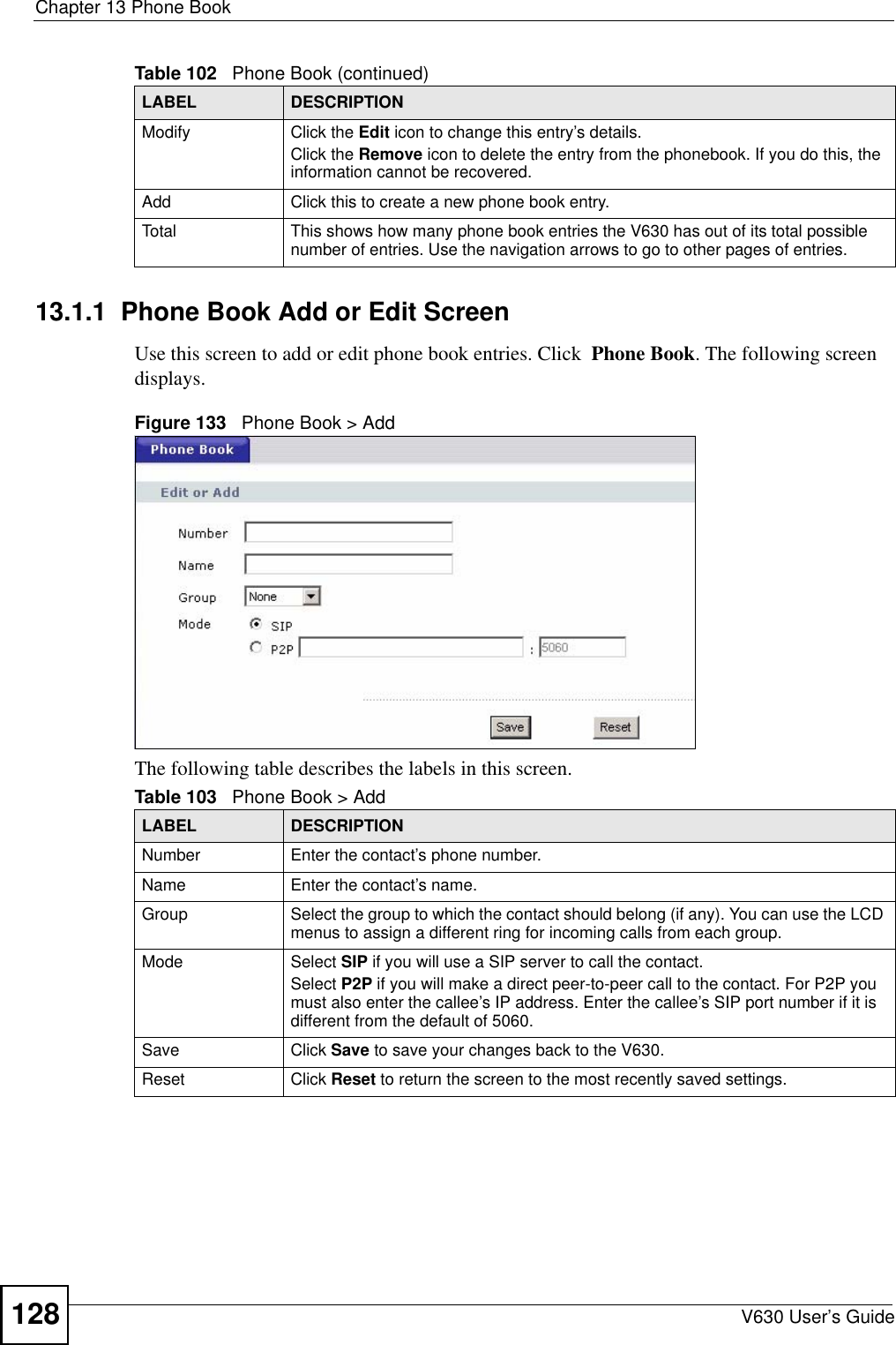 Chapter 13 Phone BookV630 User’s Guide12813.1.1  Phone Book Add or Edit ScreenUse this screen to add or edit phone book entries. Click  Phone Book. The following screen displays.Figure 133   Phone Book &gt; AddThe following table describes the labels in this screen. Modify Click the Edit icon to change this entry’s details.Click the Remove icon to delete the entry from the phonebook. If you do this, the information cannot be recovered.Add Click this to create a new phone book entry.Total This shows how many phone book entries the V630 has out of its total possible number of entries. Use the navigation arrows to go to other pages of entries. Table 102   Phone Book (continued)LABEL DESCRIPTIONTable 103   Phone Book &gt; AddLABEL DESCRIPTIONNumber Enter the contact’s phone number.Name Enter the contact’s name.Group Select the group to which the contact should belong (if any). You can use the LCD menus to assign a different ring for incoming calls from each group. Mode Select SIP if you will use a SIP server to call the contact. Select P2P if you will make a direct peer-to-peer call to the contact. For P2P you must also enter the callee’s IP address. Enter the callee’s SIP port number if it is different from the default of 5060.Save Click Save to save your changes back to the V630.Reset Click Reset to return the screen to the most recently saved settings. 