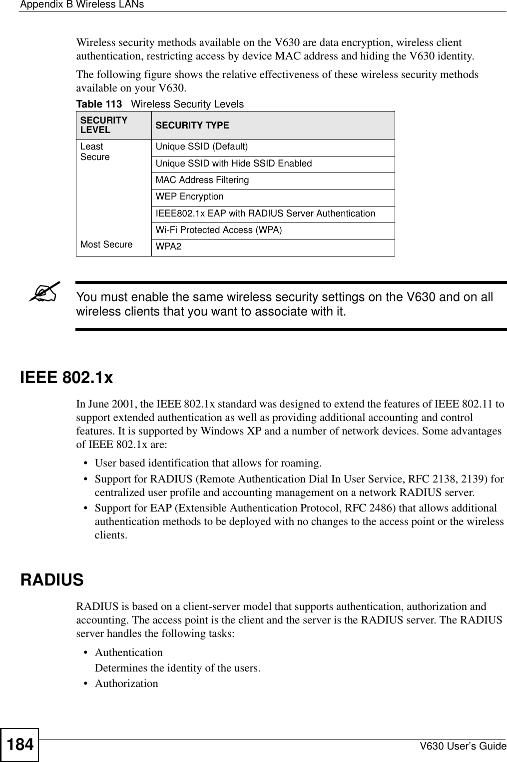 Appendix B Wireless LANsV630 User’s Guide184Wireless security methods available on the V630 are data encryption, wireless client authentication, restricting access by device MAC address and hiding the V630 identity.The following figure shows the relative effectiveness of these wireless security methods available on your V630.&quot;You must enable the same wireless security settings on the V630 and on all wireless clients that you want to associate with it. IEEE 802.1xIn June 2001, the IEEE 802.1x standard was designed to extend the features of IEEE 802.11 to support extended authentication as well as providing additional accounting and control features. It is supported by Windows XP and a number of network devices. Some advantages of IEEE 802.1x are:• User based identification that allows for roaming.• Support for RADIUS (Remote Authentication Dial In User Service, RFC 2138, 2139) for centralized user profile and accounting management on a network RADIUS server. • Support for EAP (Extensible Authentication Protocol, RFC 2486) that allows additional authentication methods to be deployed with no changes to the access point or the wireless clients. RADIUSRADIUS is based on a client-server model that supports authentication, authorization and accounting. The access point is the client and the server is the RADIUS server. The RADIUS server handles the following tasks:• Authentication Determines the identity of the users.• AuthorizationTable 113   Wireless Security LevelsSECURITY LEVEL SECURITY TYPELeast       S e c u r e                                                                                      Most SecureUnique SSID (Default)Unique SSID with Hide SSID EnabledMAC Address FilteringWEP EncryptionIEEE802.1x EAP with RADIUS Server AuthenticationWi-Fi Protected Access (WPA)WPA2