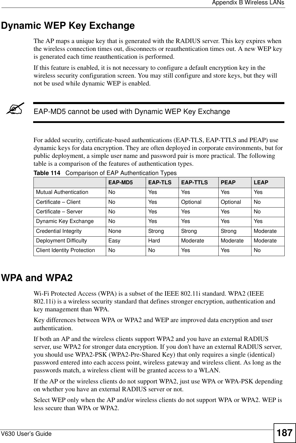  Appendix B Wireless LANsV630 User’s Guide 187Dynamic WEP Key ExchangeThe AP maps a unique key that is generated with the RADIUS server. This key expires when the wireless connection times out, disconnects or reauthentication times out. A new WEP key is generated each time reauthentication is performed.If this feature is enabled, it is not necessary to configure a default encryption key in the wireless security configuration screen. You may still configure and store keys, but they will not be used while dynamic WEP is enabled.&quot;EAP-MD5 cannot be used with Dynamic WEP Key ExchangeFor added security, certificate-based authentications (EAP-TLS, EAP-TTLS and PEAP) use dynamic keys for data encryption. They are often deployed in corporate environments, but for public deployment, a simple user name and password pair is more practical. The following table is a comparison of the features of authentication types.WPA and WPA2Wi-Fi Protected Access (WPA) is a subset of the IEEE 802.11i standard. WPA2 (IEEE 802.11i) is a wireless security standard that defines stronger encryption, authentication and key management than WPA. Key differences between WPA or WPA2 and WEP are improved data encryption and user authentication.If both an AP and the wireless clients support WPA2 and you have an external RADIUS server, use WPA2 for stronger data encryption. If you don&apos;t have an external RADIUS server, you should use WPA2-PSK (WPA2-Pre-Shared Key) that only requires a single (identical) password entered into each access point, wireless gateway and wireless client. As long as the passwords match, a wireless client will be granted access to a WLAN. If the AP or the wireless clients do not support WPA2, just use WPA or WPA-PSK depending on whether you have an external RADIUS server or not.Select WEP only when the AP and/or wireless clients do not support WPA or WPA2. WEP is less secure than WPA or WPA2.Table 114   Comparison of EAP Authentication TypesEAP-MD5 EAP-TLS EAP-TTLS PEAP LEAPMutual Authentication No Yes Yes Yes YesCertificate – Client No Yes Optional Optional NoCertificate – Server No Yes Yes Yes NoDynamic Key Exchange No Yes Yes Yes YesCredential Integrity None Strong Strong Strong ModerateDeployment Difficulty Easy Hard Moderate Moderate ModerateClient Identity Protection No No Yes Yes No
