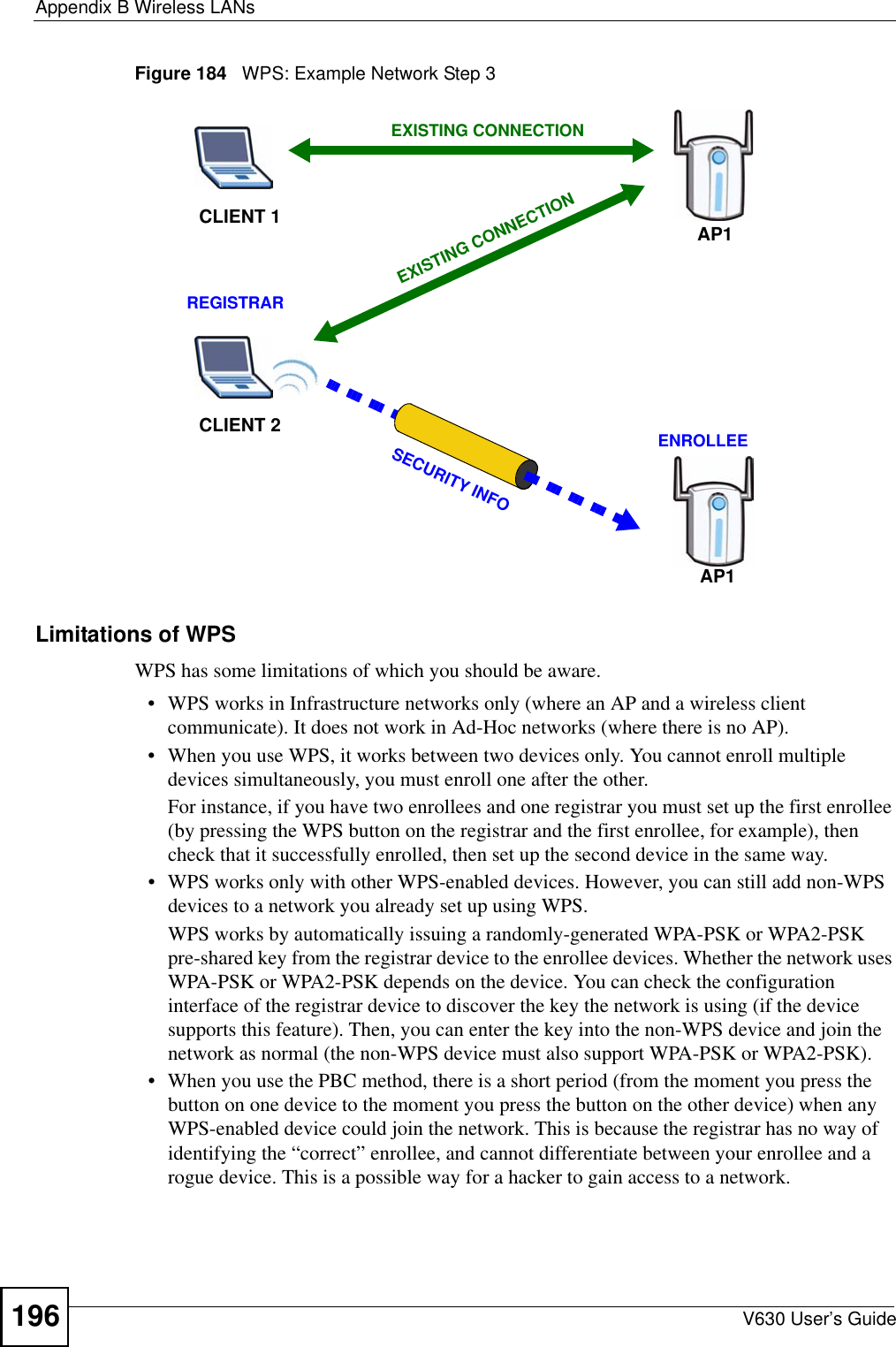Appendix B Wireless LANsV630 User’s Guide196Figure 184   WPS: Example Network Step 3Limitations of WPSWPS has some limitations of which you should be aware. • WPS works in Infrastructure networks only (where an AP and a wireless client communicate). It does not work in Ad-Hoc networks (where there is no AP).• When you use WPS, it works between two devices only. You cannot enroll multiple devices simultaneously, you must enroll one after the other. For instance, if you have two enrollees and one registrar you must set up the first enrollee (by pressing the WPS button on the registrar and the first enrollee, for example), then check that it successfully enrolled, then set up the second device in the same way.• WPS works only with other WPS-enabled devices. However, you can still add non-WPS devices to a network you already set up using WPS. WPS works by automatically issuing a randomly-generated WPA-PSK or WPA2-PSK pre-shared key from the registrar device to the enrollee devices. Whether the network uses WPA-PSK or WPA2-PSK depends on the device. You can check the configuration interface of the registrar device to discover the key the network is using (if the device supports this feature). Then, you can enter the key into the non-WPS device and join the network as normal (the non-WPS device must also support WPA-PSK or WPA2-PSK).• When you use the PBC method, there is a short period (from the moment you press the button on one device to the moment you press the button on the other device) when any WPS-enabled device could join the network. This is because the registrar has no way of identifying the “correct” enrollee, and cannot differentiate between your enrollee and a rogue device. This is a possible way for a hacker to gain access to a network.CLIENT 1 AP1REGISTRARCLIENT 2EXISTING CONNECTIONSECURITY INFOENROLLEEAP1EXISTING CONNECTION