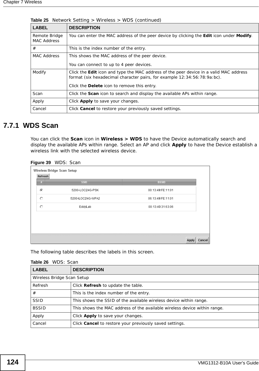 Chapter 7 WirelessVMG1312-B10A User’s Guide1247.7.1  WDS ScanYou can click the Scan icon in Wireless &gt; WDS to have the Device automatically search and display the available APs within range. Select an AP and click Apply to have the Device establish a wireless link with the selected wireless device. Figure 39   WDS: ScanThe following table describes the labels in this screen.Remote Bridge MAC Address You can enter the MAC address of the peer device by clicking the Edit icon under Modify. # This is the index number of the entry.MAC Address This shows the MAC address of the peer device. You can connect to up to 4 peer devices.Modify Click the Edit icon and type the MAC address of the peer device in a valid MAC address format (six hexadecimal character pairs, for example 12:34:56:78:9a:bc).Click the Delete icon to remove this entry.Scan Click the Scan icon to search and display the available APs within range.Apply Click Apply to save your changes.Cancel Click Cancel to restore your previously saved settings.Table 25   Network Setting &gt; Wireless &gt; WDS (continued)LABEL DESCRIPTIONTable 26   WDS: ScanLABEL DESCRIPTIONWireless Bridge Scan SetupRefresh Click Refresh to update the table. # This is the index number of the entry.SSID This shows the SSID of the available wireless device within range.BSSID This shows the MAC address of the available wireless device within range.Apply Click Apply to save your changes.Cancel Click Cancel to restore your previously saved settings.