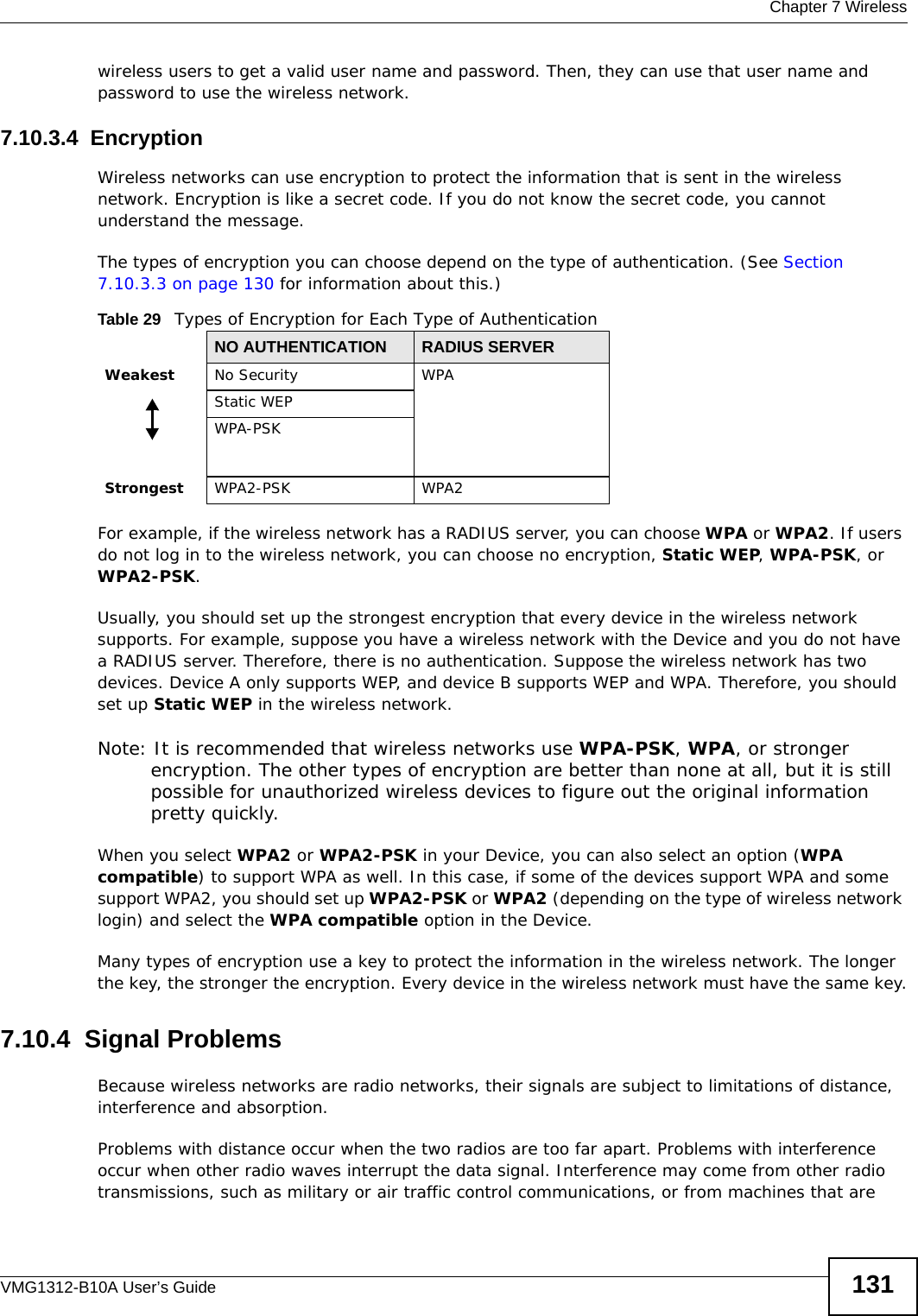  Chapter 7 WirelessVMG1312-B10A User’s Guide 131wireless users to get a valid user name and password. Then, they can use that user name and password to use the wireless network.7.10.3.4  EncryptionWireless networks can use encryption to protect the information that is sent in the wireless network. Encryption is like a secret code. If you do not know the secret code, you cannot understand the message.The types of encryption you can choose depend on the type of authentication. (See Section 7.10.3.3 on page 130 for information about this.)For example, if the wireless network has a RADIUS server, you can choose WPA or WPA2. If users do not log in to the wireless network, you can choose no encryption, Static WEP, WPA-PSK, or WPA2-PSK.Usually, you should set up the strongest encryption that every device in the wireless network supports. For example, suppose you have a wireless network with the Device and you do not have a RADIUS server. Therefore, there is no authentication. Suppose the wireless network has two devices. Device A only supports WEP, and device B supports WEP and WPA. Therefore, you should set up Static WEP in the wireless network.Note: It is recommended that wireless networks use WPA-PSK, WPA, or stronger encryption. The other types of encryption are better than none at all, but it is still possible for unauthorized wireless devices to figure out the original information pretty quickly.When you select WPA2 or WPA2-PSK in your Device, you can also select an option (WPA compatible) to support WPA as well. In this case, if some of the devices support WPA and some support WPA2, you should set up WPA2-PSK or WPA2 (depending on the type of wireless network login) and select the WPA compatible option in the Device.Many types of encryption use a key to protect the information in the wireless network. The longer the key, the stronger the encryption. Every device in the wireless network must have the same key.7.10.4  Signal ProblemsBecause wireless networks are radio networks, their signals are subject to limitations of distance, interference and absorption.Problems with distance occur when the two radios are too far apart. Problems with interference occur when other radio waves interrupt the data signal. Interference may come from other radio transmissions, such as military or air traffic control communications, or from machines that are Table 29   Types of Encryption for Each Type of AuthenticationNO AUTHENTICATION RADIUS SERVERWeakest No Security WPAStatic WEPWPA-PSKStrongest WPA2-PSK WPA2