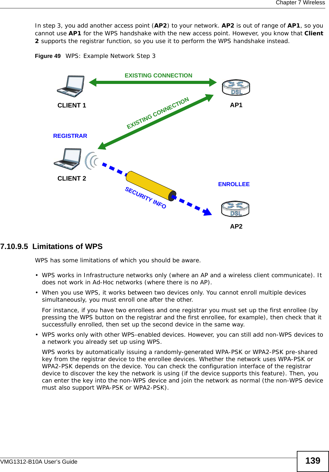  Chapter 7 WirelessVMG1312-B10A User’s Guide 139In step 3, you add another access point (AP2) to your network. AP2 is out of range of AP1, so you cannot use AP1 for the WPS handshake with the new access point. However, you know that Client 2 supports the registrar function, so you use it to perform the WPS handshake instead.Figure 49   WPS: Example Network Step 37.10.9.5  Limitations of WPSWPS has some limitations of which you should be aware. • WPS works in Infrastructure networks only (where an AP and a wireless client communicate). It does not work in Ad-Hoc networks (where there is no AP).• When you use WPS, it works between two devices only. You cannot enroll multiple devices simultaneously, you must enroll one after the other. For instance, if you have two enrollees and one registrar you must set up the first enrollee (by pressing the WPS button on the registrar and the first enrollee, for example), then check that it successfully enrolled, then set up the second device in the same way.• WPS works only with other WPS-enabled devices. However, you can still add non-WPS devices to a network you already set up using WPS. WPS works by automatically issuing a randomly-generated WPA-PSK or WPA2-PSK pre-shared key from the registrar device to the enrollee devices. Whether the network uses WPA-PSK or WPA2-PSK depends on the device. You can check the configuration interface of the registrar device to discover the key the network is using (if the device supports this feature). Then, you can enter the key into the non-WPS device and join the network as normal (the non-WPS device must also support WPA-PSK or WPA2-PSK).CLIENT 1 AP1REGISTRARCLIENT 2EXISTING CONNECTIONSECURITY INFOENROLLEEAP2EXISTING CONNECTION