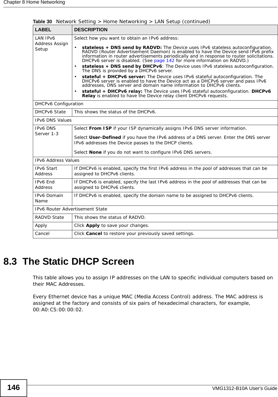 Chapter 8 Home NetworkingVMG1312-B10A User’s Guide1468.3  The Static DHCP ScreenThis table allows you to assign IP addresses on the LAN to specific individual computers based on their MAC Addresses. Every Ethernet device has a unique MAC (Media Access Control) address. The MAC address is assigned at the factory and consists of six pairs of hexadecimal characters, for example, 00:A0:C5:00:00:02.LAN IPv6 Address Assign SetupSelect how you want to obtain an IPv6 address: •stateless + DNS send by RADVD: The Device uses IPv6 stateless autoconfiguration. RADVD (Router Advertisement Daemon) is enabled to have the Device send IPv6 prefix information in router advertisements periodically and in response to router solicitations. DHCPv6 server is disabled. (See page 142 for more information on RADVD.)•stateless + DNS send by DHCPv6: The Device uses IPv6 stateless autoconfiguration. The DNS is provided by a DHCPv6 server.•stateful + DHCPv6 server: The Device uses IPv6 stateful autoconfiguration. The DHCPv6 server is enabled to have the Device act as a DHCPv6 server and pass IPv6 addresses, DNS server and domain name information to DHCPv6 clients.•stateful + DHCPv6 relay: The Device uses IPv6 stateful autoconfiguration. DHCPv6 Relay is enabled to have the Device relay client DHCPv6 requests. DHCPv6 ConfigurationDHCPv6 State  This shows the status of the DHCPv6. IPv6 DNS ValuesIPv6 DNS Server 1-3 Select From ISP if your ISP dynamically assigns IPv6 DNS server information.Select User-Defined if you have the IPv6 address of a DNS server. Enter the DNS server IPv6 addresses the Device passes to the DHCP clients.Select None if you do not want to configure IPv6 DNS servers.IPv6 Address ValuesIPv6 Start Address If DHCPv6 is enabled, specify the first IPv6 address in the pool of addresses that can be assigned to DHCPv6 clients. IPv6 End Address If DHCPv6 is enabled, specify the last IPv6 address in the pool of addresses that can be assigned to DHCPv6 clients. IPv6 Domain Name  If DHCPv6 is enabled, specify the domain name to be assigned to DHCPv6 clients.IPv6 Router Advertisement StateRADVD State  This shows the status of RADVD.Apply Click Apply to save your changes.Cancel Click Cancel to restore your previously saved settings.Table 30   Network Setting &gt; Home Networking &gt; LAN Setup (continued)LABEL DESCRIPTION