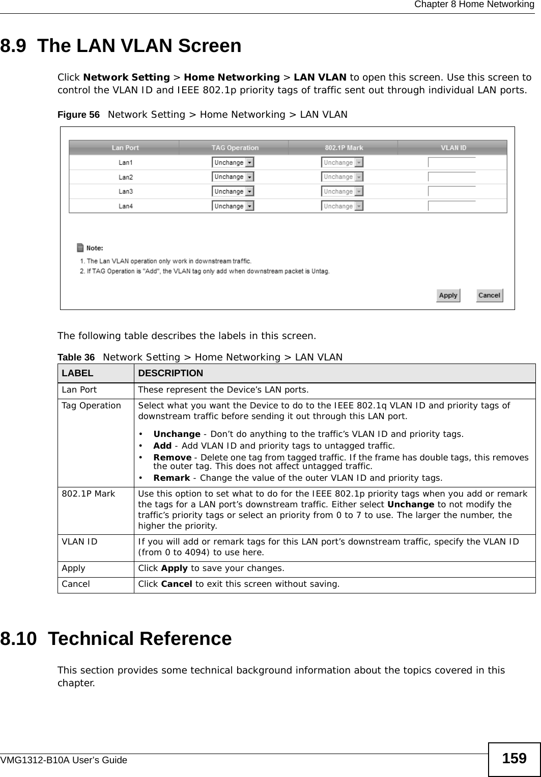  Chapter 8 Home NetworkingVMG1312-B10A User’s Guide 1598.9  The LAN VLAN ScreenClick Network Setting &gt; Home Networking &gt; LAN VLAN to open this screen. Use this screen to control the VLAN ID and IEEE 802.1p priority tags of traffic sent out through individual LAN ports. Figure 56   Network Setting &gt; Home Networking &gt; LAN VLANThe following table describes the labels in this screen.8.10  Technical ReferenceThis section provides some technical background information about the topics covered in this chapter.Table 36   Network Setting &gt; Home Networking &gt; LAN VLANLABEL DESCRIPTIONLan Port These represent the Device’s LAN ports.Tag Operation Select what you want the Device to do to the IEEE 802.1q VLAN ID and priority tags of downstream traffic before sending it out through this LAN port.•Unchange - Don’t do anything to the traffic’s VLAN ID and priority tags.•Add - Add VLAN ID and priority tags to untagged traffic.•Remove - Delete one tag from tagged traffic. If the frame has double tags, this removes the outer tag. This does not affect untagged traffic.•Remark - Change the value of the outer VLAN ID and priority tags.802.1P Mark Use this option to set what to do for the IEEE 802.1p priority tags when you add or remark the tags for a LAN port’s downstream traffic. Either select Unchange to not modify the traffic’s priority tags or select an priority from 0 to 7 to use. The larger the number, the higher the priority.VLAN ID If you will add or remark tags for this LAN port’s downstream traffic, specify the VLAN ID (from 0 to 4094) to use here.Apply Click Apply to save your changes.Cancel Click Cancel to exit this screen without saving.