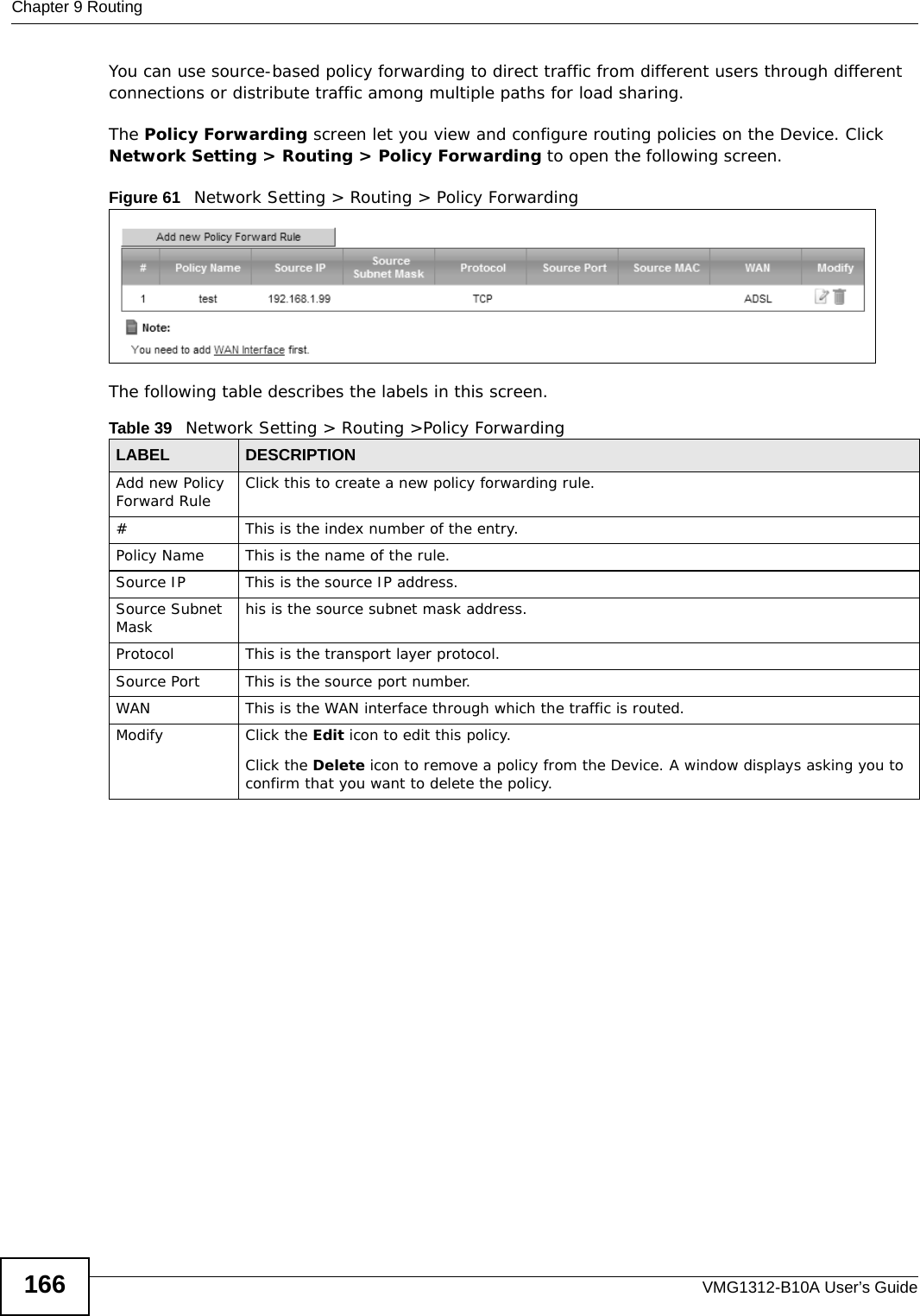 Chapter 9 RoutingVMG1312-B10A User’s Guide166You can use source-based policy forwarding to direct traffic from different users through different connections or distribute traffic among multiple paths for load sharing.The Policy Forwarding screen let you view and configure routing policies on the Device. Click Network Setting &gt; Routing &gt; Policy Forwarding to open the following screen.Figure 61   Network Setting &gt; Routing &gt; Policy ForwardingThe following table describes the labels in this screen. Table 39   Network Setting &gt; Routing &gt;Policy ForwardingLABEL DESCRIPTIONAdd new Policy Forward Rule Click this to create a new policy forwarding rule.#This is the index number of the entry.Policy Name This is the name of the rule.Source IP This is the source IP address.Source Subnet Mask his is the source subnet mask address.Protocol This is the transport layer protocol.Source Port This is the source port number.WAN This is the WAN interface through which the traffic is routed. Modify Click the Edit icon to edit this policy.Click the Delete icon to remove a policy from the Device. A window displays asking you to confirm that you want to delete the policy. 