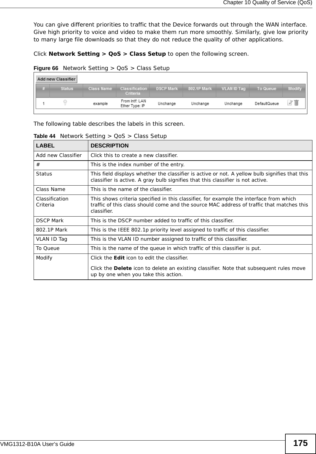  Chapter 10 Quality of Service (QoS)VMG1312-B10A User’s Guide 175You can give different priorities to traffic that the Device forwards out through the WAN interface. Give high priority to voice and video to make them run more smoothly. Similarly, give low priority to many large file downloads so that they do not reduce the quality of other applications. Click Network Setting &gt; QoS &gt; Class Setup to open the following screen.Figure 66   Network Setting &gt; QoS &gt; Class Setup The following table describes the labels in this screen.  Table 44   Network Setting &gt; QoS &gt; Class SetupLABEL DESCRIPTIONAdd new Classifier Click this to create a new classifier.#This is the index number of the entry.Status This field displays whether the classifier is active or not. A yellow bulb signifies that this classifier is active. A gray bulb signifies that this classifier is not active.Class Name This is the name of the classifier.Classification Criteria This shows criteria specified in this classifier, for example the interface from which traffic of this class should come and the source MAC address of traffic that matches this classifier.DSCP Mark This is the DSCP number added to traffic of this classifier.802.1P Mark This is the IEEE 802.1p priority level assigned to traffic of this classifier.VLAN ID Tag This is the VLAN ID number assigned to traffic of this classifier.To Queue This is the name of the queue in which traffic of this classifier is put.Modify Click the Edit icon to edit the classifier.Click the Delete icon to delete an existing classifier. Note that subsequent rules move up by one when you take this action.