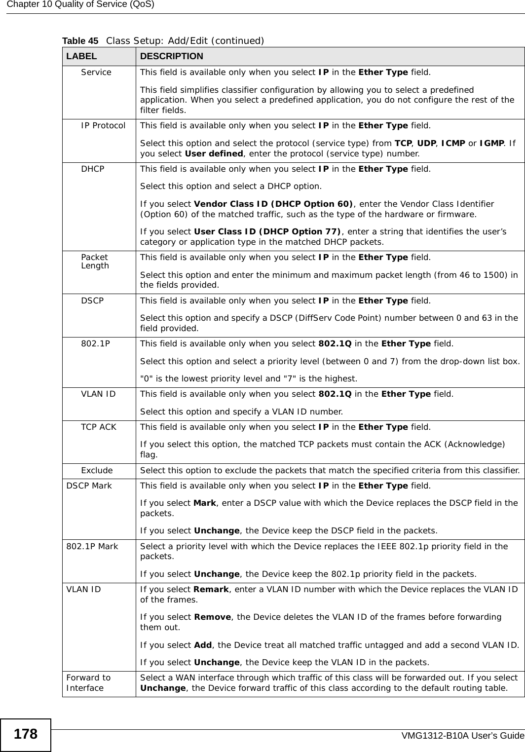 Chapter 10 Quality of Service (QoS)VMG1312-B10A User’s Guide178Service This field is available only when you select IP in the Ether Type field.This field simplifies classifier configuration by allowing you to select a predefined application. When you select a predefined application, you do not configure the rest of the filter fields.IP Protocol This field is available only when you select IP in the Ether Type field.Select this option and select the protocol (service type) from TCP, UDP, ICMP or IGMP. If you select User defined, enter the protocol (service type) number. DHCP This field is available only when you select IP in the Ether Type field.Select this option and select a DHCP option. If you select Vendor Class ID (DHCP Option 60), enter the Vendor Class Identifier (Option 60) of the matched traffic, such as the type of the hardware or firmware.If you select User Class ID (DHCP Option 77), enter a string that identifies the user’s category or application type in the matched DHCP packets.Packet Length This field is available only when you select IP in the Ether Type field.Select this option and enter the minimum and maximum packet length (from 46 to 1500) in the fields provided.DSCP This field is available only when you select IP in the Ether Type field.Select this option and specify a DSCP (DiffServ Code Point) number between 0 and 63 in the field provided.802.1P This field is available only when you select 802.1Q in the Ether Type field.Select this option and select a priority level (between 0 and 7) from the drop-down list box.&quot;0&quot; is the lowest priority level and &quot;7&quot; is the highest.VLAN ID This field is available only when you select 802.1Q in the Ether Type field.Select this option and specify a VLAN ID number. TCP ACK This field is available only when you select IP in the Ether Type field.If you select this option, the matched TCP packets must contain the ACK (Acknowledge) flag.Exclude Select this option to exclude the packets that match the specified criteria from this classifier.DSCP Mark This field is available only when you select IP in the Ether Type field.If you select Mark, enter a DSCP value with which the Device replaces the DSCP field in the packets.If you select Unchange, the Device keep the DSCP field in the packets.802.1P Mark Select a priority level with which the Device replaces the IEEE 802.1p priority field in the packets.If you select Unchange, the Device keep the 802.1p priority field in the packets.VLAN ID If you select Remark, enter a VLAN ID number with which the Device replaces the VLAN ID of the frames.If you select Remove, the Device deletes the VLAN ID of the frames before forwarding them out.If you select Add, the Device treat all matched traffic untagged and add a second VLAN ID.If you select Unchange, the Device keep the VLAN ID in the packets.Forward to Interface Select a WAN interface through which traffic of this class will be forwarded out. If you select Unchange, the Device forward traffic of this class according to the default routing table.Table 45   Class Setup: Add/Edit (continued)LABEL DESCRIPTION