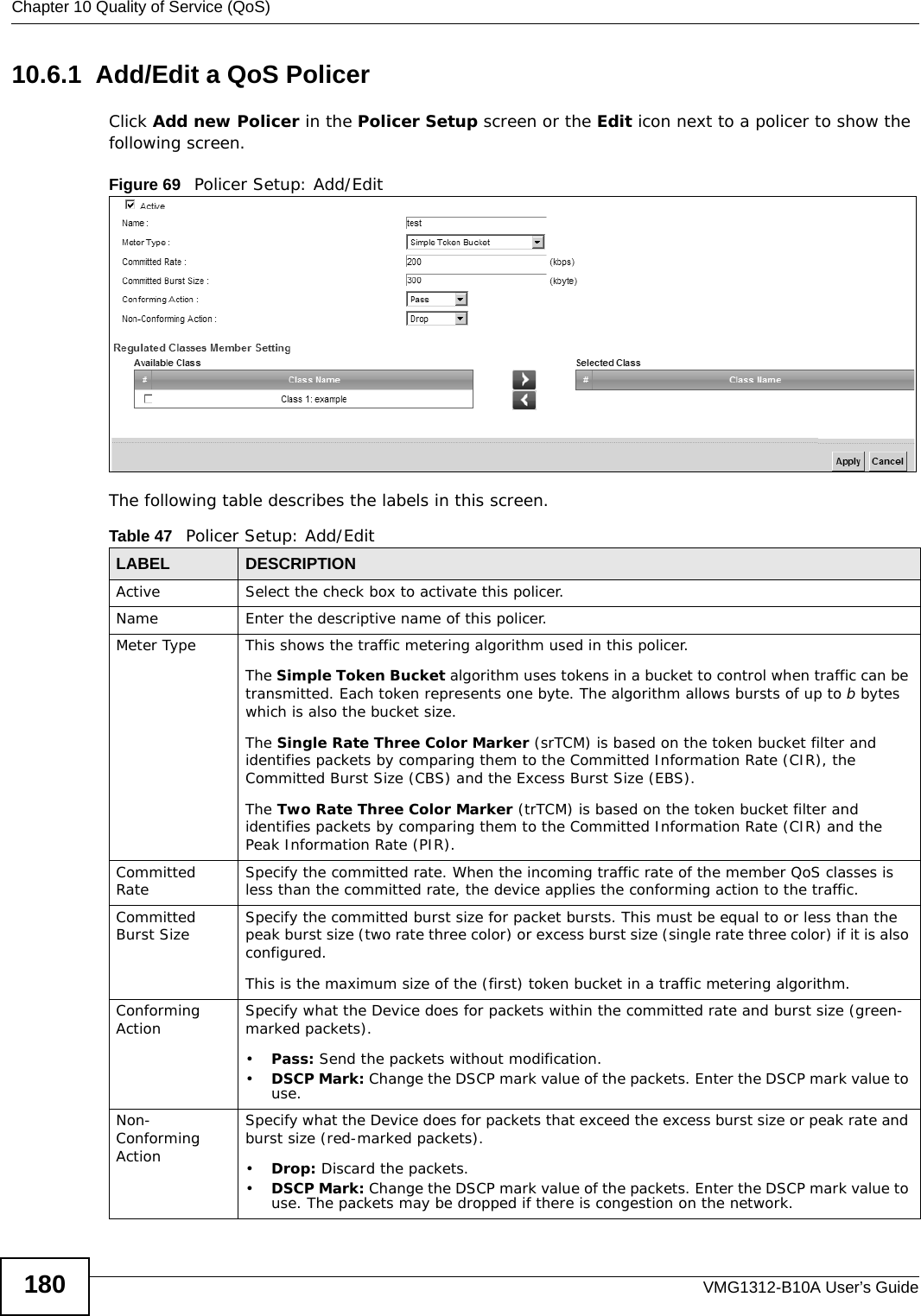 Chapter 10 Quality of Service (QoS)VMG1312-B10A User’s Guide18010.6.1  Add/Edit a QoS Policer Click Add new Policer in the Policer Setup screen or the Edit icon next to a policer to show the following screen. Figure 69   Policer Setup: Add/Edit The following table describes the labels in this screen. Table 47   Policer Setup: Add/EditLABEL DESCRIPTIONActive Select the check box to activate this policer.Name Enter the descriptive name of this policer.Meter Type This shows the traffic metering algorithm used in this policer.The Simple Token Bucket algorithm uses tokens in a bucket to control when traffic can be transmitted. Each token represents one byte. The algorithm allows bursts of up to b bytes which is also the bucket size.The Single Rate Three Color Marker (srTCM) is based on the token bucket filter and identifies packets by comparing them to the Committed Information Rate (CIR), the Committed Burst Size (CBS) and the Excess Burst Size (EBS).The Two Rate Three Color Marker (trTCM) is based on the token bucket filter and identifies packets by comparing them to the Committed Information Rate (CIR) and the Peak Information Rate (PIR).Committed Rate Specify the committed rate. When the incoming traffic rate of the member QoS classes is less than the committed rate, the device applies the conforming action to the traffic.Committed Burst Size Specify the committed burst size for packet bursts. This must be equal to or less than the peak burst size (two rate three color) or excess burst size (single rate three color) if it is also configured.This is the maximum size of the (first) token bucket in a traffic metering algorithm.Conforming Action Specify what the Device does for packets within the committed rate and burst size (green-marked packets). •Pass: Send the packets without modification.•DSCP Mark: Change the DSCP mark value of the packets. Enter the DSCP mark value to use. Non-Conforming ActionSpecify what the Device does for packets that exceed the excess burst size or peak rate and burst size (red-marked packets). •Drop: Discard the packets.•DSCP Mark: Change the DSCP mark value of the packets. Enter the DSCP mark value to use. The packets may be dropped if there is congestion on the network.