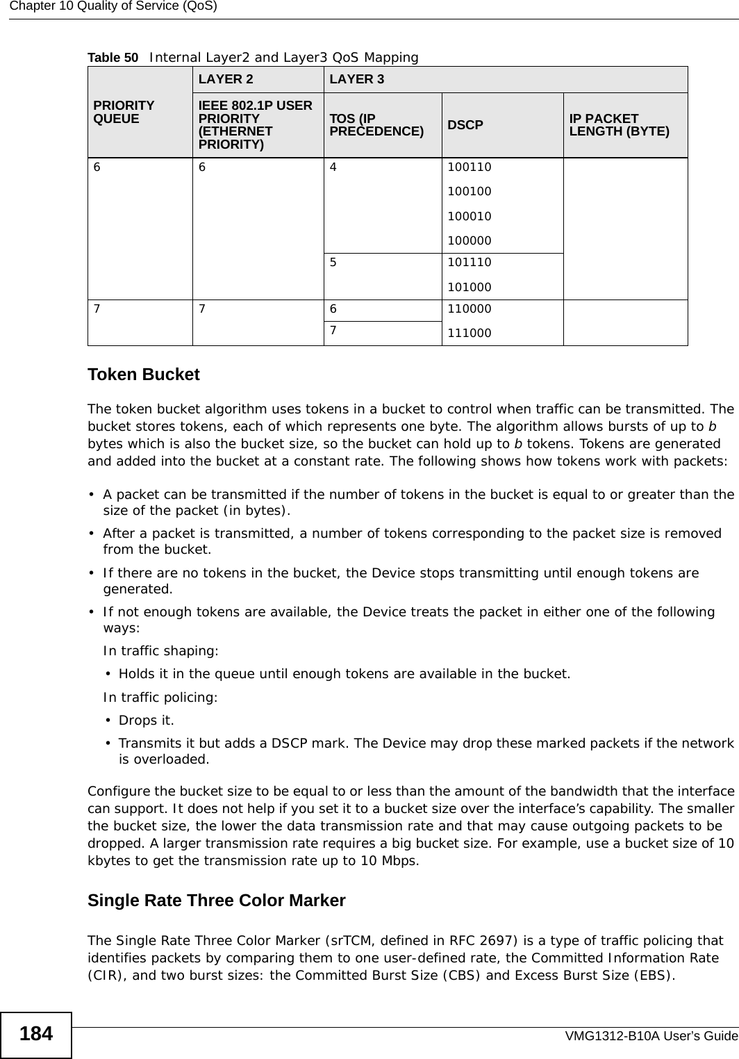 Chapter 10 Quality of Service (QoS)VMG1312-B10A User’s Guide184Token BucketThe token bucket algorithm uses tokens in a bucket to control when traffic can be transmitted. The bucket stores tokens, each of which represents one byte. The algorithm allows bursts of up to b bytes which is also the bucket size, so the bucket can hold up to b tokens. Tokens are generated and added into the bucket at a constant rate. The following shows how tokens work with packets:• A packet can be transmitted if the number of tokens in the bucket is equal to or greater than the size of the packet (in bytes). • After a packet is transmitted, a number of tokens corresponding to the packet size is removed from the bucket. • If there are no tokens in the bucket, the Device stops transmitting until enough tokens are generated. • If not enough tokens are available, the Device treats the packet in either one of the following ways:In traffic shaping:• Holds it in the queue until enough tokens are available in the bucket.In traffic policing:•Drops it.• Transmits it but adds a DSCP mark. The Device may drop these marked packets if the network is overloaded.Configure the bucket size to be equal to or less than the amount of the bandwidth that the interface can support. It does not help if you set it to a bucket size over the interface’s capability. The smaller the bucket size, the lower the data transmission rate and that may cause outgoing packets to be dropped. A larger transmission rate requires a big bucket size. For example, use a bucket size of 10 kbytes to get the transmission rate up to 10 Mbps.Single Rate Three Color Marker The Single Rate Three Color Marker (srTCM, defined in RFC 2697) is a type of traffic policing that identifies packets by comparing them to one user-defined rate, the Committed Information Rate (CIR), and two burst sizes: the Committed Burst Size (CBS) and Excess Burst Size (EBS).6 6 4 1001101001001000101000005 1011101010007 7 6 1100001110007Table 50   Internal Layer2 and Layer3 QoS MappingPRIORITY QUEUELAYER 2 LAYER 3IEEE 802.1P USER PRIORITY (ETHERNET PRIORITY)TOS (IP PRECEDENCE) DSCP IP PACKET LENGTH (BYTE)