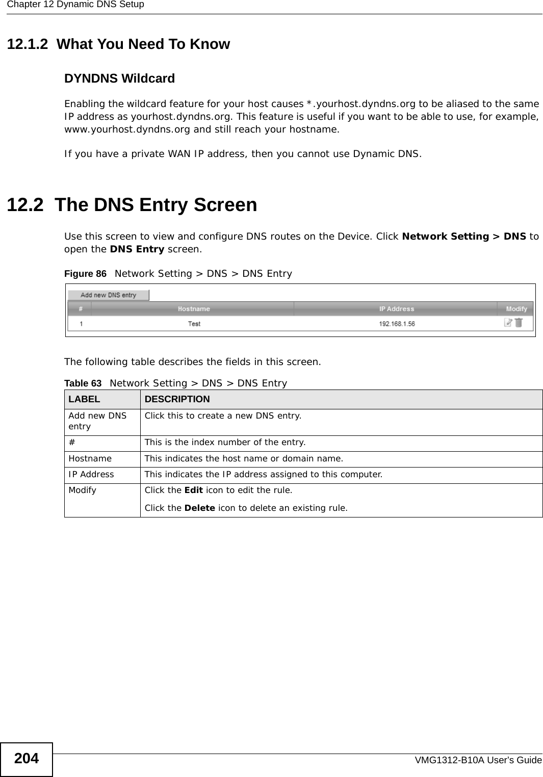 Chapter 12 Dynamic DNS SetupVMG1312-B10A User’s Guide20412.1.2  What You Need To KnowDYNDNS WildcardEnabling the wildcard feature for your host causes *.yourhost.dyndns.org to be aliased to the same IP address as yourhost.dyndns.org. This feature is useful if you want to be able to use, for example, www.yourhost.dyndns.org and still reach your hostname.If you have a private WAN IP address, then you cannot use Dynamic DNS.12.2  The DNS Entry ScreenUse this screen to view and configure DNS routes on the Device. Click Network Setting &gt; DNS to open the DNS Entry screen.Figure 86   Network Setting &gt; DNS &gt; DNS EntryThe following table describes the fields in this screen. Table 63   Network Setting &gt; DNS &gt; DNS EntryLABEL DESCRIPTIONAdd new DNS entry Click this to create a new DNS entry.#This is the index number of the entry.Hostname This indicates the host name or domain name.IP Address This indicates the IP address assigned to this computer.Modify Click the Edit icon to edit the rule.Click the Delete icon to delete an existing rule.
