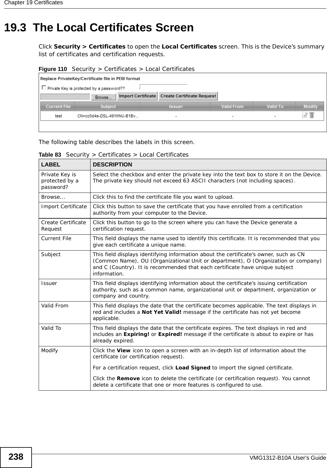 Chapter 19 CertificatesVMG1312-B10A User’s Guide23819.3  The Local Certificates ScreenClick Security &gt; Certificates to open the Local Certificates screen. This is the Device’s summary list of certificates and certification requests. Figure 110   Security &gt; Certificates &gt; Local Certificates The following table describes the labels in this screen. Table 83   Security &gt; Certificates &gt; Local CertificatesLABEL DESCRIPTIONPrivate Key is protected by a password?Select the checkbox and enter the private key into the text box to store it on the Device. The private key should not exceed 63 ASCII characters (not including spaces). Browse... Click this to find the certificate file you want to upload. Import Certificate Click this button to save the certificate that you have enrolled from a certification authority from your computer to the Device.Create Certificate Request Click this button to go to the screen where you can have the Device generate a certification request.Current File This field displays the name used to identify this certificate. It is recommended that you give each certificate a unique name. Subject This field displays identifying information about the certificate’s owner, such as CN (Common Name), OU (Organizational Unit or department), O (Organization or company) and C (Country). It is recommended that each certificate have unique subject information. Issuer This field displays identifying information about the certificate’s issuing certification authority, such as a common name, organizational unit or department, organization or company and country.Valid From This field displays the date that the certificate becomes applicable. The text displays in red and includes a Not Yet Valid! message if the certificate has not yet become applicable.Valid To This field displays the date that the certificate expires. The text displays in red and includes an Expiring! or Expired! message if the certificate is about to expire or has already expired.Modify Click the View icon to open a screen with an in-depth list of information about the certificate (or certification request).For a certification request, click Load Signed to import the signed certificate.Click the Remove icon to delete the certificate (or certification request). You cannot delete a certificate that one or more features is configured to use.