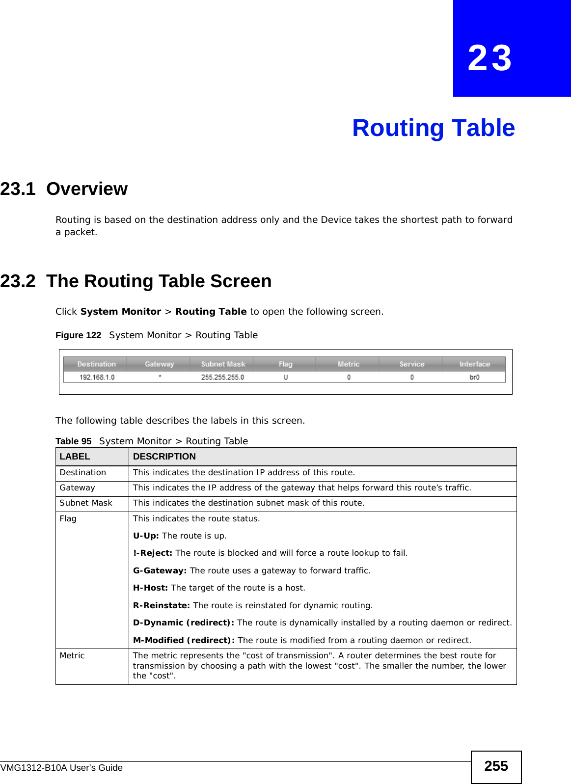 VMG1312-B10A User’s Guide 255CHAPTER   23Routing Table23.1  OverviewRouting is based on the destination address only and the Device takes the shortest path to forward a packet.23.2  The Routing Table ScreenClick System Monitor &gt; Routing Table to open the following screen.Figure 122   System Monitor &gt; Routing TableThe following table describes the labels in this screen.Table 95   System Monitor &gt; Routing TableLABEL DESCRIPTIONDestination This indicates the destination IP address of this route.Gateway This indicates the IP address of the gateway that helps forward this route’s traffic.Subnet Mask This indicates the destination subnet mask of this route.Flag This indicates the route status.U-Up: The route is up.!-Reject: The route is blocked and will force a route lookup to fail.G-Gateway: The route uses a gateway to forward traffic. H-Host: The target of the route is a host.R-Reinstate: The route is reinstated for dynamic routing.D-Dynamic (redirect): The route is dynamically installed by a routing daemon or redirect.M-Modified (redirect): The route is modified from a routing daemon or redirect.Metric The metric represents the &quot;cost of transmission&quot;. A router determines the best route for transmission by choosing a path with the lowest &quot;cost&quot;. The smaller the number, the lower the &quot;cost&quot;.