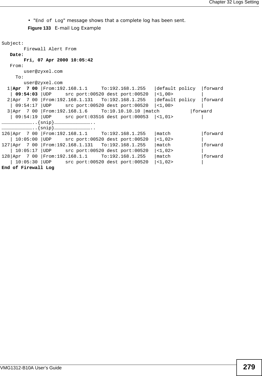  Chapter 32 Logs SettingVMG1312-B10A User’s Guide 279•&quot;End of Log&quot; message shows that a complete log has been sent.Figure 133   E-mail Log ExampleSubject:         Firewall Alert From    Date:         Fri, 07 Apr 2000 10:05:42   From:         user@zyxel.com     To:         user@zyxel.com  1|Apr  7 00 |From:192.168.1.1     To:192.168.1.255   |default policy  |forward   | 09:54:03 |UDP     src port:00520 dest port:00520  |&lt;1,00&gt;          |         2|Apr  7 00 |From:192.168.1.131   To:192.168.1.255   |default policy  |forward   | 09:54:17 |UDP     src port:00520 dest port:00520  |&lt;1,00&gt;          |         3|Apr  7 00 |From:192.168.1.6     To:10.10.10.10 |match           |forward   | 09:54:19 |UDP     src port:03516 dest port:00053  |&lt;1,01&gt;          |       ……………………………..{snip}…………………………………..……………………………..{snip}…………………………………..126|Apr  7 00 |From:192.168.1.1     To:192.168.1.255   |match           |forward   | 10:05:00 |UDP     src port:00520 dest port:00520  |&lt;1,02&gt;          |       127|Apr  7 00 |From:192.168.1.131   To:192.168.1.255   |match           |forward   | 10:05:17 |UDP     src port:00520 dest port:00520  |&lt;1,02&gt;          |       128|Apr  7 00 |From:192.168.1.1     To:192.168.1.255   |match           |forward   | 10:05:30 |UDP     src port:00520 dest port:00520  |&lt;1,02&gt;          |       End of Firewall Log