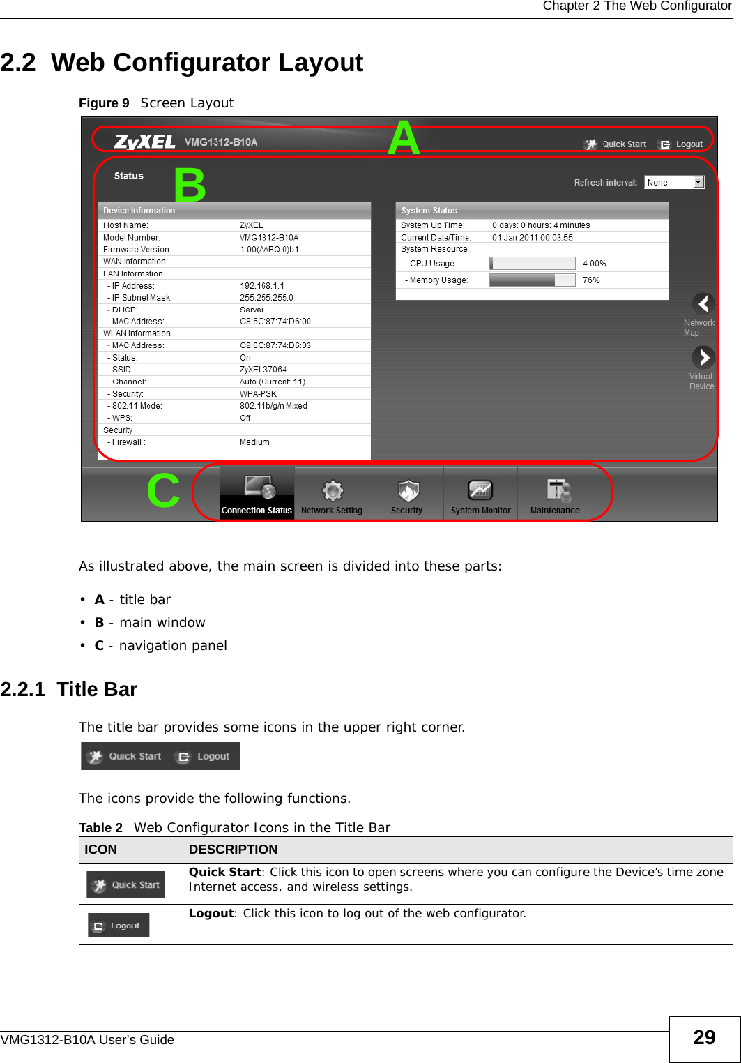  Chapter 2 The Web ConfiguratorVMG1312-B10A User’s Guide 292.2  Web Configurator LayoutFigure 9   Screen LayoutAs illustrated above, the main screen is divided into these parts:•A - title bar•B - main window •C - navigation panel2.2.1  Title BarThe title bar provides some icons in the upper right corner.The icons provide the following functions.BCATable 2   Web Configurator Icons in the Title BarICON  DESCRIPTIONQuick Start: Click this icon to open screens where you can configure the Device’s time zone Internet access, and wireless settings.Logout: Click this icon to log out of the web configurator.