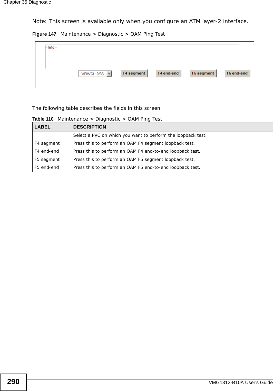 Chapter 35 DiagnosticVMG1312-B10A User’s Guide290Note: This screen is available only when you configure an ATM layer-2 interface.Figure 147   Maintenance &gt; Diagnostic &gt; OAM Ping TestThe following table describes the fields in this screen. Table 110   Maintenance &gt; Diagnostic &gt; OAM Ping TestLABEL DESCRIPTIONSelect a PVC on which you want to perform the loopback test.F4 segment Press this to perform an OAM F4 segment loopback test.F4 end-end Press this to perform an OAM F4 end-to-end loopback test.F5 segment Press this to perform an OAM F5 segment loopback test.F5 end-end Press this to perform an OAM F5 end-to-end loopback test.