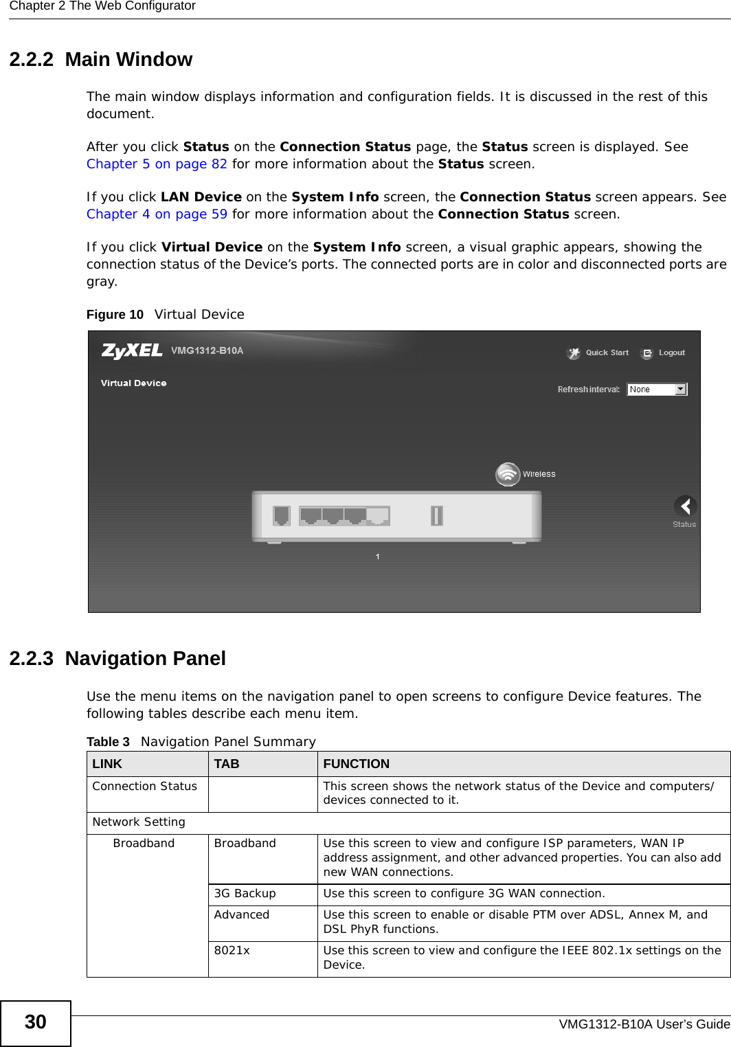 Chapter 2 The Web ConfiguratorVMG1312-B10A User’s Guide302.2.2  Main WindowThe main window displays information and configuration fields. It is discussed in the rest of this document.After you click Status on the Connection Status page, the Status screen is displayed. See Chapter 5 on page 82 for more information about the Status screen.If you click LAN Device on the System Info screen, the Connection Status screen appears. See Chapter 4 on page 59 for more information about the Connection Status screen.If you click Virtual Device on the System Info screen, a visual graphic appears, showing the connection status of the Device’s ports. The connected ports are in color and disconnected ports are gray.Figure 10   Virtual Device2.2.3  Navigation PanelUse the menu items on the navigation panel to open screens to configure Device features. The following tables describe each menu item.       Table 3   Navigation Panel SummaryLINK TAB FUNCTIONConnection Status This screen shows the network status of the Device and computers/devices connected to it.Network SettingBroadband Broadband Use this screen to view and configure ISP parameters, WAN IP address assignment, and other advanced properties. You can also add new WAN connections.3G Backup Use this screen to configure 3G WAN connection.Advanced Use this screen to enable or disable PTM over ADSL, Annex M, and DSL PhyR functions.8021x Use this screen to view and configure the IEEE 802.1x settings on the Device.