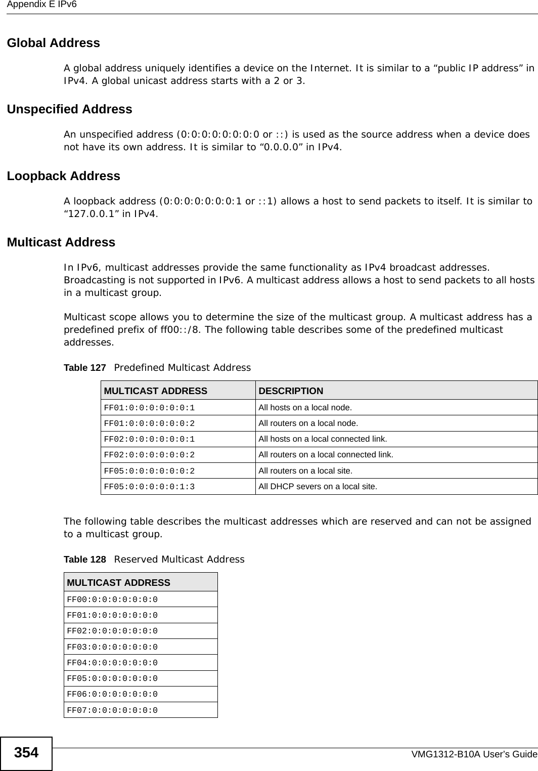 Appendix E IPv6VMG1312-B10A User’s Guide354Global AddressA global address uniquely identifies a device on the Internet. It is similar to a “public IP address” in IPv4. A global unicast address starts with a 2 or 3. Unspecified AddressAn unspecified address (0:0:0:0:0:0:0:0 or ::) is used as the source address when a device does not have its own address. It is similar to “0.0.0.0” in IPv4.Loopback AddressA loopback address (0:0:0:0:0:0:0:1 or ::1) allows a host to send packets to itself. It is similar to “127.0.0.1” in IPv4.Multicast AddressIn IPv6, multicast addresses provide the same functionality as IPv4 broadcast addresses. Broadcasting is not supported in IPv6. A multicast address allows a host to send packets to all hosts in a multicast group. Multicast scope allows you to determine the size of the multicast group. A multicast address has a predefined prefix of ff00::/8. The following table describes some of the predefined multicast addresses. The following table describes the multicast addresses which are reserved and can not be assigned to a multicast group. Table 127   Predefined Multicast AddressMULTICAST ADDRESS DESCRIPTIONFF01:0:0:0:0:0:0:1 All hosts on a local node. FF01:0:0:0:0:0:0:2 All routers on a local node.FF02:0:0:0:0:0:0:1 All hosts on a local connected link.FF02:0:0:0:0:0:0:2 All routers on a local connected link.FF05:0:0:0:0:0:0:2 All routers on a local site. FF05:0:0:0:0:0:1:3 All DHCP severs on a local site. Table 128   Reserved Multicast AddressMULTICAST ADDRESSFF00:0:0:0:0:0:0:0FF01:0:0:0:0:0:0:0FF02:0:0:0:0:0:0:0FF03:0:0:0:0:0:0:0FF04:0:0:0:0:0:0:0FF05:0:0:0:0:0:0:0FF06:0:0:0:0:0:0:0FF07:0:0:0:0:0:0:0