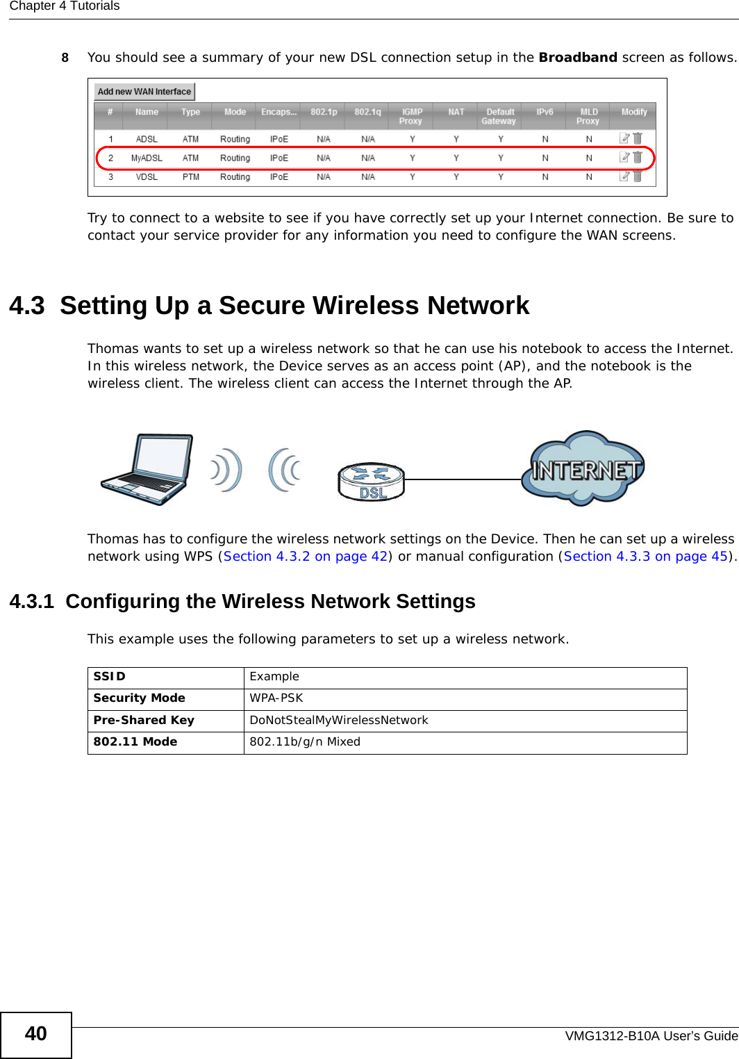 Chapter 4 TutorialsVMG1312-B10A User’s Guide408You should see a summary of your new DSL connection setup in the Broadband screen as follows.Try to connect to a website to see if you have correctly set up your Internet connection. Be sure to contact your service provider for any information you need to configure the WAN screens.4.3  Setting Up a Secure Wireless NetworkThomas wants to set up a wireless network so that he can use his notebook to access the Internet. In this wireless network, the Device serves as an access point (AP), and the notebook is the wireless client. The wireless client can access the Internet through the AP.Thomas has to configure the wireless network settings on the Device. Then he can set up a wireless network using WPS (Section 4.3.2 on page 42) or manual configuration (Section 4.3.3 on page 45).4.3.1  Configuring the Wireless Network SettingsThis example uses the following parameters to set up a wireless network.SSID ExampleSecurity Mode WPA-PSKPre-Shared Key DoNotStealMyWirelessNetwork802.11 Mode 802.11b/g/n Mixed