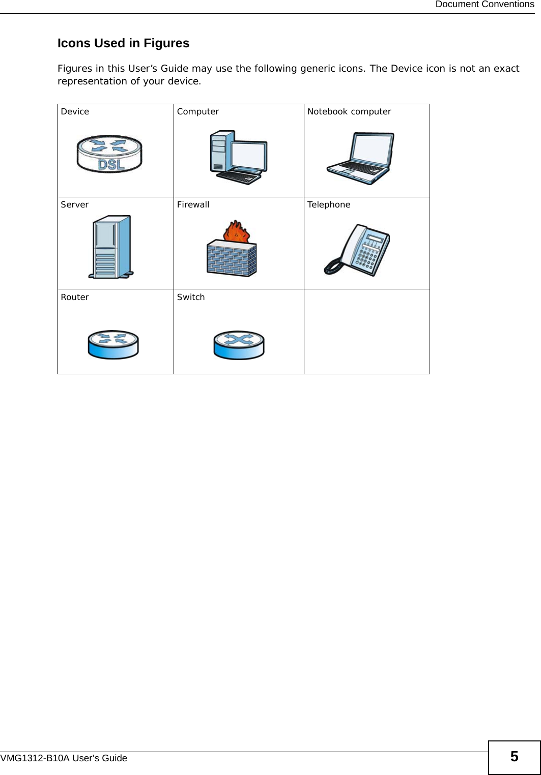  Document ConventionsVMG1312-B10A User’s Guide 5Icons Used in FiguresFigures in this User’s Guide may use the following generic icons. The Device icon is not an exact representation of your device.Device Computer Notebook computerServer Firewall TelephoneRouter Switch
