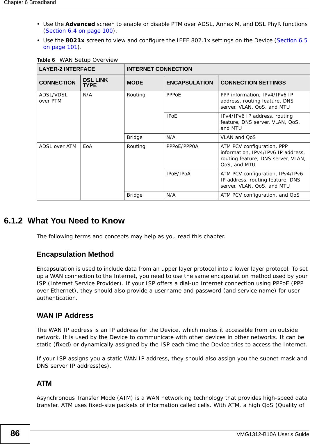 Chapter 6 BroadbandVMG1312-B10A User’s Guide86•Use the Advanced screen to enable or disable PTM over ADSL, Annex M, and DSL PhyR functions (Section 6.4 on page 100). •Use the 8021x screen to view and configure the IEEE 802.1x settings on the Device (Section 6.5 on page 101). 6.1.2  What You Need to KnowThe following terms and concepts may help as you read this chapter.Encapsulation MethodEncapsulation is used to include data from an upper layer protocol into a lower layer protocol. To set up a WAN connection to the Internet, you need to use the same encapsulation method used by your ISP (Internet Service Provider). If your ISP offers a dial-up Internet connection using PPPoE (PPP over Ethernet), they should also provide a username and password (and service name) for user authentication.WAN IP AddressThe WAN IP address is an IP address for the Device, which makes it accessible from an outside network. It is used by the Device to communicate with other devices in other networks. It can be static (fixed) or dynamically assigned by the ISP each time the Device tries to access the Internet.If your ISP assigns you a static WAN IP address, they should also assign you the subnet mask and DNS server IP address(es).ATMAsynchronous Transfer Mode (ATM) is a WAN networking technology that provides high-speed data transfer. ATM uses fixed-size packets of information called cells. With ATM, a high QoS (Quality of Table 6   WAN Setup Overview LAYER-2 INTERFACE INTERNET CONNECTIONCONNECTION DSL LINK TYPE MODE ENCAPSULATION CONNECTION SETTINGSADSL/VDSL over PTM N/A Routing PPPoE PPP information, IPv4/IPv6 IP address, routing feature, DNS server, VLAN, QoS, and MTUIPoE IPv4/IPv6 IP address, routing feature, DNS server, VLAN, QoS, and MTUBridge N/A VLAN and QoSADSL over ATM EoA Routing PPPoE/PPP0A ATM PCV configuration, PPP information, IPv4/IPv6 IP address, routing feature, DNS server, VLAN, QoS, and MTUIPoE/IPoA ATM PCV configuration, IPv4/IPv6 IP address, routing feature, DNS server, VLAN, QoS, and MTUBridge N/A ATM PCV configuration, and QoS