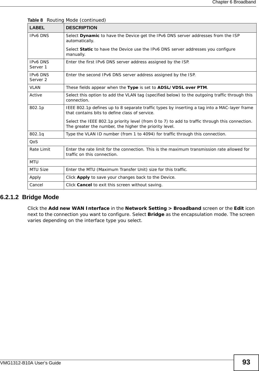  Chapter 6 BroadbandVMG1312-B10A User’s Guide 936.2.1.2  Bridge ModeClick the Add new WAN Interface in the Network Setting &gt; Broadband screen or the Edit icon next to the connection you want to configure. Select Bridge as the encapsulation mode. The screen varies depending on the interface type you select. IPv6 DNS  Select Dynamic to have the Device get the IPv6 DNS server addresses from the ISP automatically.Select Static to have the Device use the IPv6 DNS server addresses you configure manually.IPv6 DNS Server 1 Enter the first IPv6 DNS server address assigned by the ISP.IPv6 DNS Server 2 Enter the second IPv6 DNS server address assigned by the ISP.VLAN These fields appear when the Type is set to ADSL/VDSL over PTM.Active Select this option to add the VLAN tag (specified below) to the outgoing traffic through this connection.802.1p  IEEE 802.1p defines up to 8 separate traffic types by inserting a tag into a MAC-layer frame that contains bits to define class of service. Select the IEEE 802.1p priority level (from 0 to 7) to add to traffic through this connection. The greater the number, the higher the priority level.802.1q Type the VLAN ID number (from 1 to 4094) for traffic through this connection.QoSRate Limit Enter the rate limit for the connection. This is the maximum transmission rate allowed for traffic on this connection.MTUMTU Size Enter the MTU (Maximum Transfer Unit) size for this traffic.Apply Click Apply to save your changes back to the Device.Cancel Click Cancel to exit this screen without saving.Table 8   Routing Mode (continued)LABEL DESCRIPTION