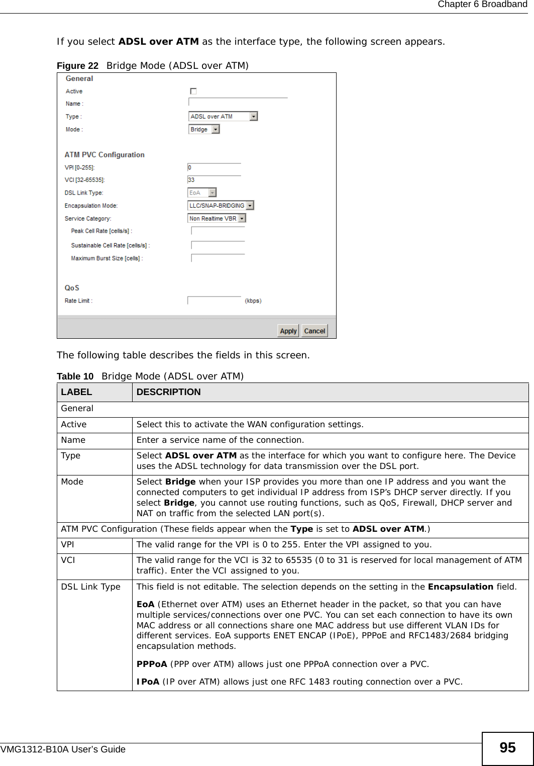  Chapter 6 BroadbandVMG1312-B10A User’s Guide 95If you select ADSL over ATM as the interface type, the following screen appears.Figure 22   Bridge Mode (ADSL over ATM)The following table describes the fields in this screen.Table 10   Bridge Mode (ADSL over ATM)LABEL DESCRIPTIONGeneralActive Select this to activate the WAN configuration settings.Name Enter a service name of the connection.Type Select ADSL over ATM as the interface for which you want to configure here. The Device uses the ADSL technology for data transmission over the DSL port.Mode Select Bridge when your ISP provides you more than one IP address and you want the connected computers to get individual IP address from ISP’s DHCP server directly. If you select Bridge, you cannot use routing functions, such as QoS, Firewall, DHCP server and NAT on traffic from the selected LAN port(s).ATM PVC Configuration (These fields appear when the Type is set to ADSL over ATM.)VPI  The valid range for the VPI is 0 to 255. Enter the VPI assigned to you.VCI  The valid range for the VCI is 32 to 65535 (0 to 31 is reserved for local management of ATM traffic). Enter the VCI assigned to you.DSL Link Type This field is not editable. The selection depends on the setting in the Encapsulation field.EoA (Ethernet over ATM) uses an Ethernet header in the packet, so that you can have multiple services/connections over one PVC. You can set each connection to have its own MAC address or all connections share one MAC address but use different VLAN IDs for different services. EoA supports ENET ENCAP (IPoE), PPPoE and RFC1483/2684 bridging encapsulation methods. PPPoA (PPP over ATM) allows just one PPPoA connection over a PVC.IPoA (IP over ATM) allows just one RFC 1483 routing connection over a PVC.