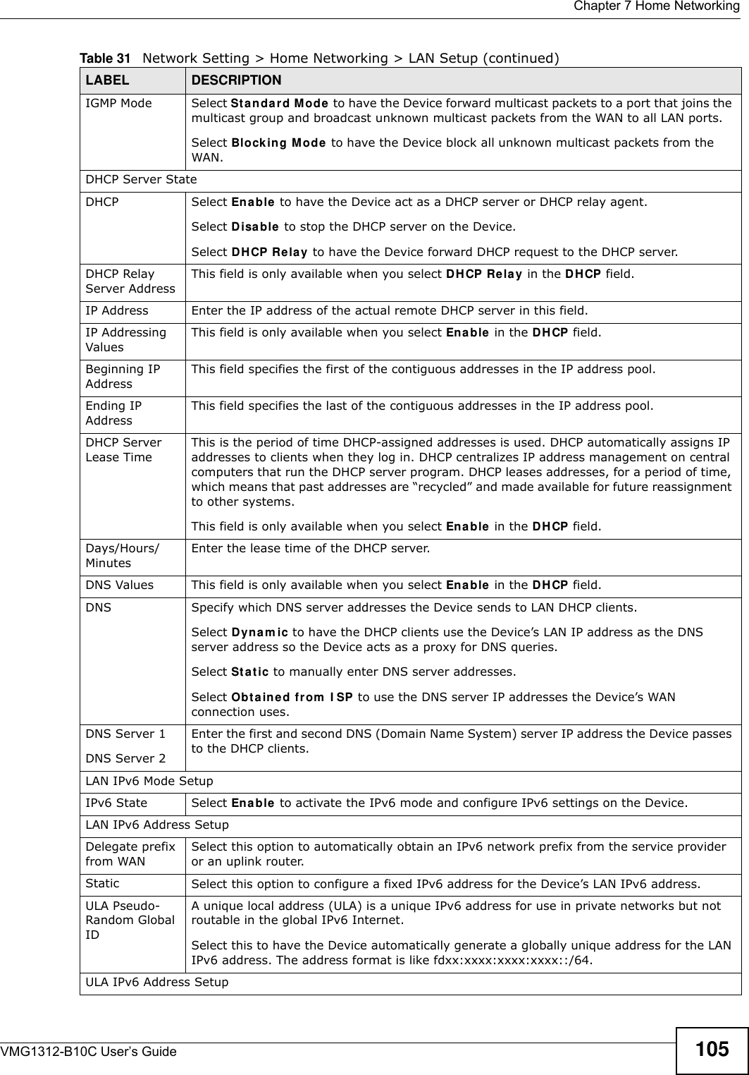  Chapter 7 Home NetworkingVMG1312-B10C User’s Guide 105IGMP Mode Select St an da r d Mode to have the Device forward multicast packets to a port that joins the multicast group and broadcast unknown multicast packets from the WAN to all LAN ports.Select Blocking M ode to have the Device block all unknown multicast packets from the WAN.DHCP Server StateDHCP Select Enable  to have the Device act as a DHCP server or DHCP relay agent. Select Disable  to stop the DHCP server on the Device. Select DH CP Re la y to have the Device forward DHCP request to the DHCP server. DHCP Relay Server AddressThis field is only available when you select DHCP Relay in the D H CP field. IP Address Enter the IP address of the actual remote DHCP server in this field.IP Addressing ValuesThis field is only available when you select En able in the DH CP field. Beginning IP AddressThis field specifies the first of the contiguous addresses in the IP address pool.Ending IP AddressThis field specifies the last of the contiguous addresses in the IP address pool.DHCP Server Lease TimeThis is the period of time DHCP-assigned addresses is used. DHCP automatically assigns IP addresses to clients when they log in. DHCP centralizes IP address management on central computers that run the DHCP server program. DHCP leases addresses, for a period of time, which means that past addresses are “recycled” and made available for future reassignment to other systems.This field is only available when you select En able in the DH CP field. Days/Hours/MinutesEnter the lease time of the DHCP server.DNS Values This field is only available when you select Ena ble  in the D H CP field. DNS Specify which DNS server addresses the Device sends to LAN DHCP clients.Select Dyna m ic to have the DHCP clients use the Device’s LAN IP address as the DNS server address so the Device acts as a proxy for DNS queries. Select St a t ic to manually enter DNS server addresses. Select Obt ained from  I SP to use the DNS server IP addresses the Device’s WAN connection uses.DNS Server 1DNS Server 2Enter the first and second DNS (Domain Name System) server IP address the Device passes to the DHCP clients. LAN IPv6 Mode SetupIPv6 State Select En a ble to activate the IPv6 mode and configure IPv6 settings on the Device.LAN IPv6 Address SetupDelegate prefix from WANSelect this option to automatically obtain an IPv6 network prefix from the service provider or an uplink router.Static Select this option to configure a fixed IPv6 address for the Device’s LAN IPv6 address.ULA Pseudo-Random Global ID A unique local address (ULA) is a unique IPv6 address for use in private networks but not routable in the global IPv6 Internet.Select this to have the Device automatically generate a globally unique address for the LAN IPv6 address. The address format is like fdxx:xxxx:xxxx:xxxx::/64.ULA IPv6 Address SetupTable 31   Network Setting &gt; Home Networking &gt; LAN Setup (continued)LABEL DESCRIPTION